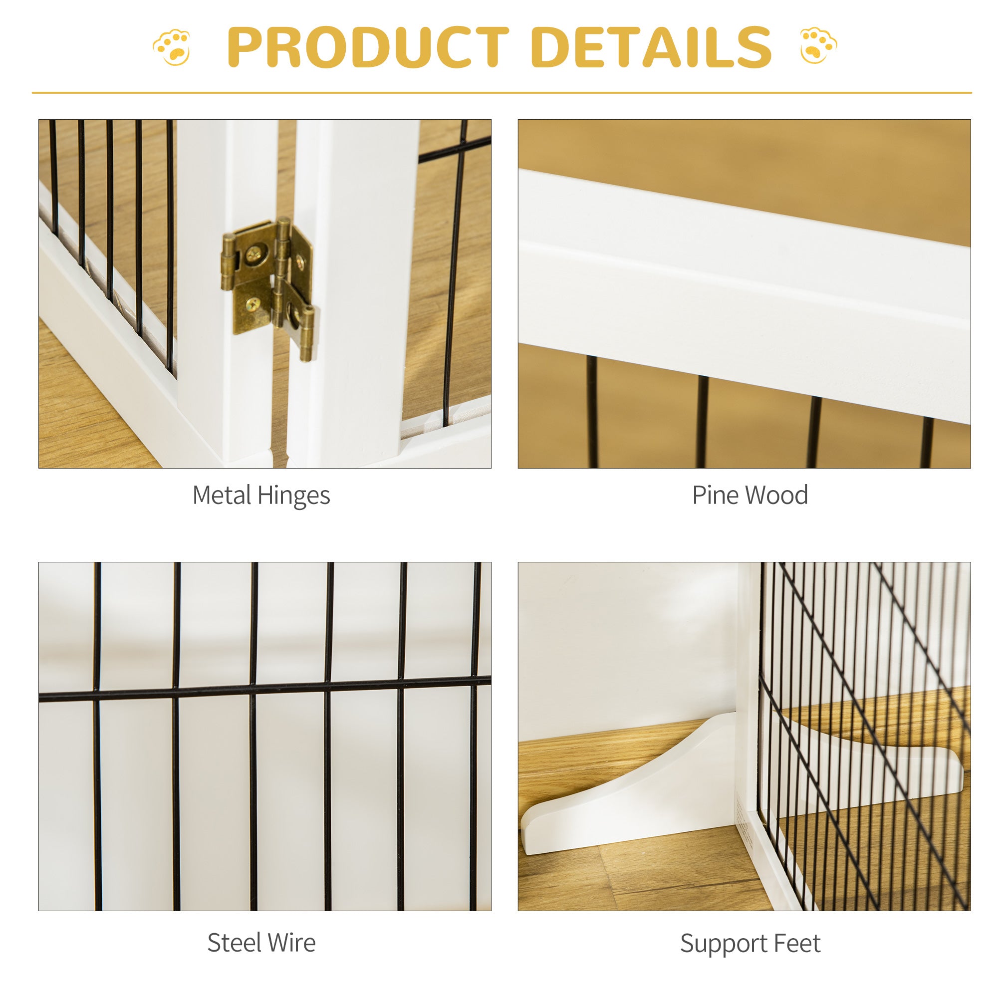 Wooden Pet Gate, 6-Panel Folding Dog Safety Barrier with Support Feet for Small & Medium Dogs, White - White - Image 7