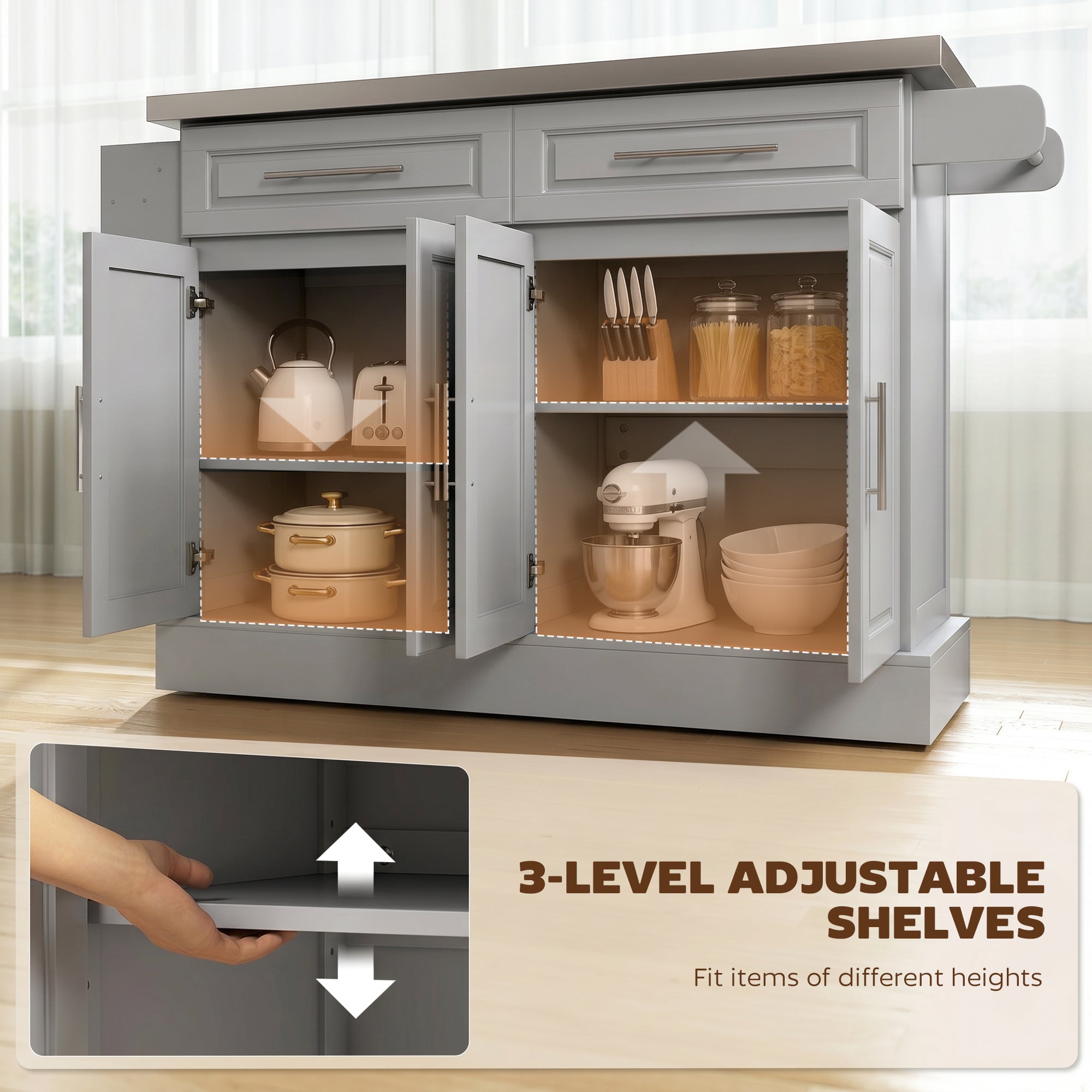 Rolling Kitchen Island Cart with 47" Stainless Steel Top, Portable Island Table for Kitchen with Wheels, Adjustable Shelves, 2 Drawers, Spice, Knife and Towel Rack, Gray