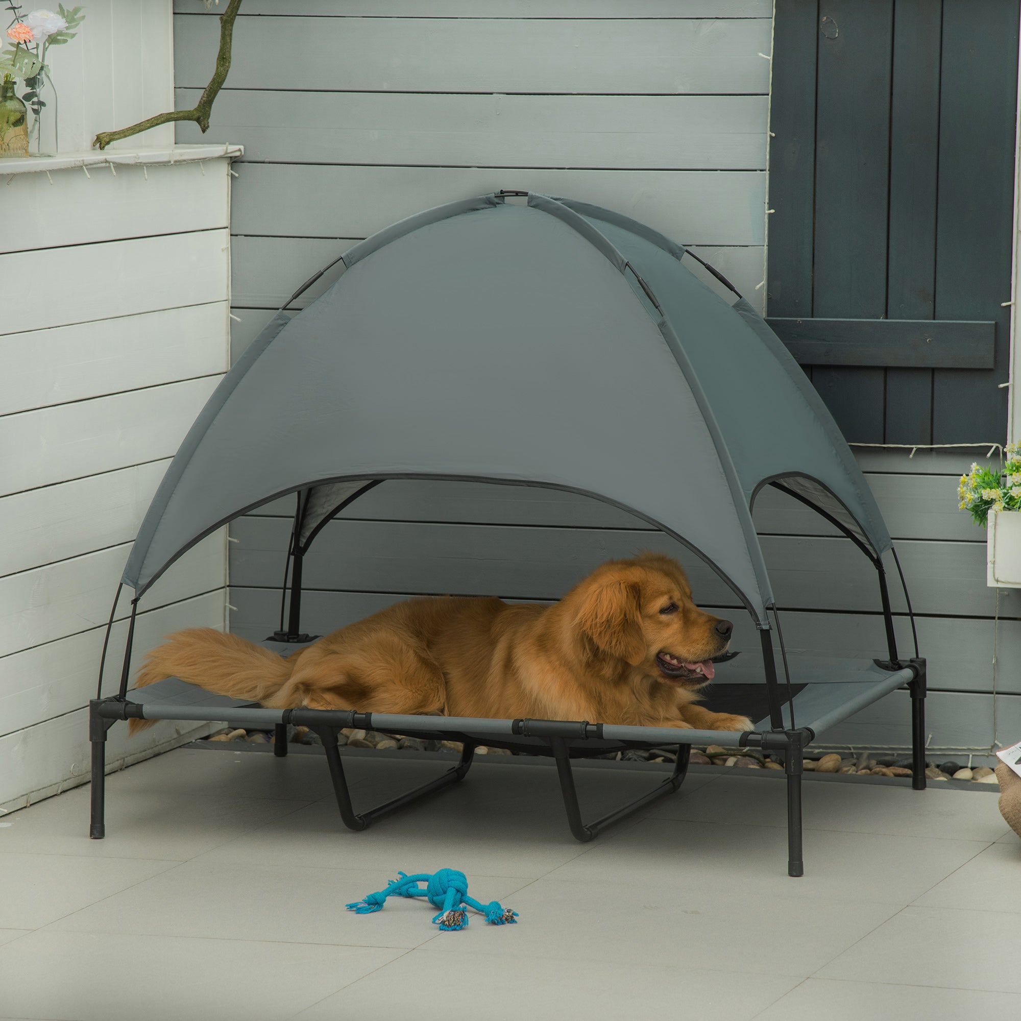 48" x 36" Elevated Portable Dog Cot Cooling Pet Bed with UV Protection Canopy Shade - Grey - Image 2