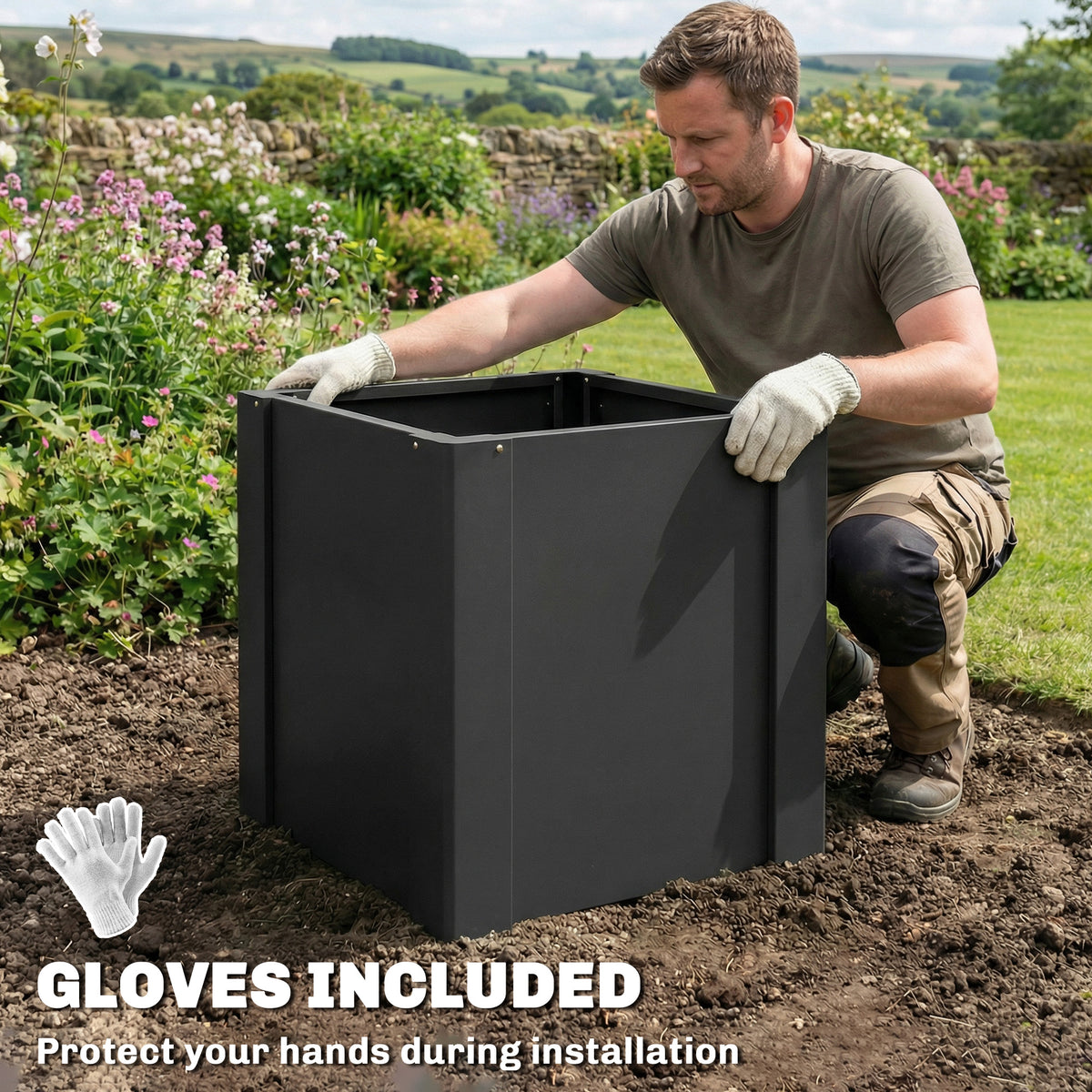 Raised Garden Bed Galvanized Planter Box Outdoor with Gloves for Gardening Vegetables, Flower, Herb, 1.4 x 1.4 x 1.5 ft, Black