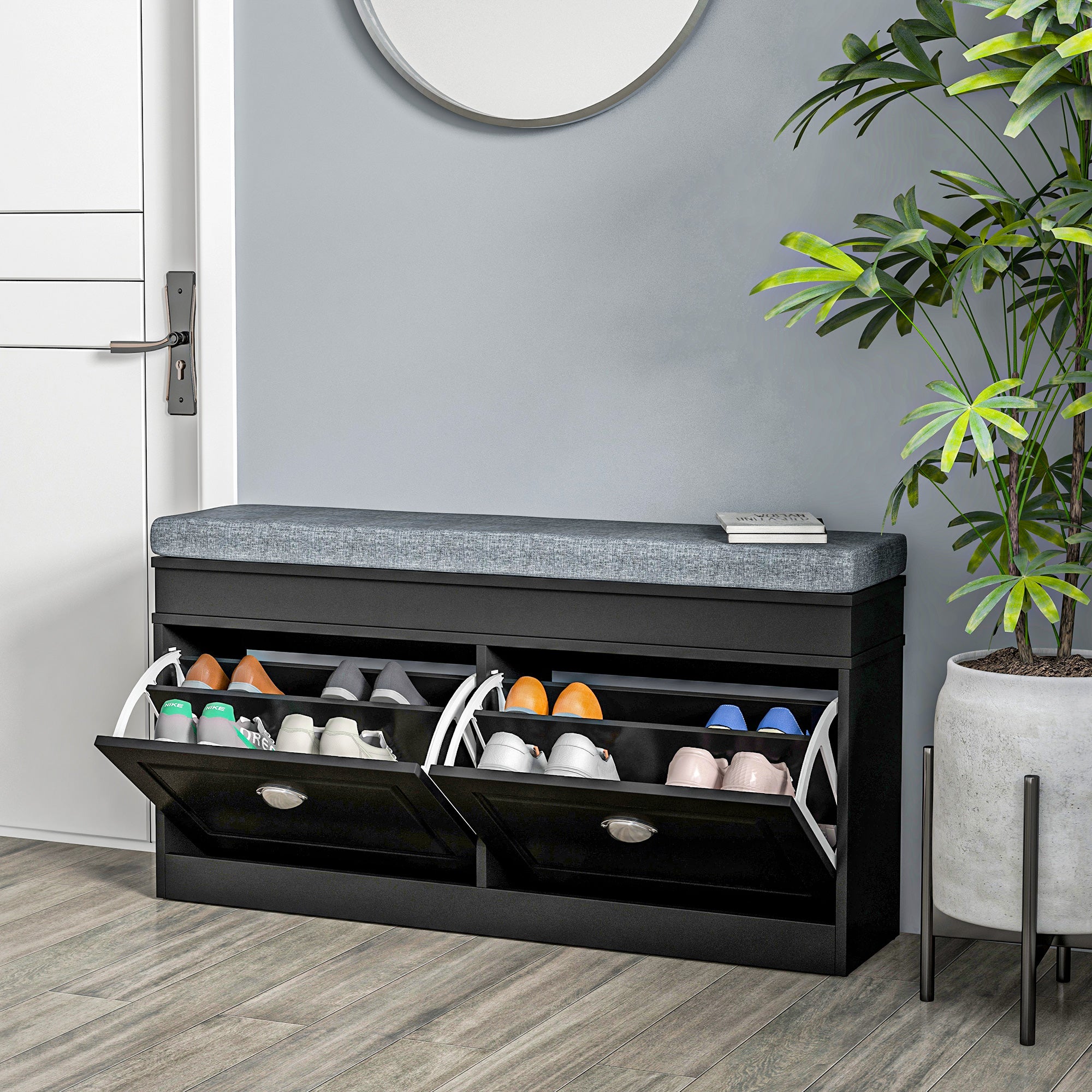 Modern Shoe Storage Bench, Entry Way Bench with Cushion, 2 Drawers, Storage Ottoman Bench, Holds 8 Pairs, Black
