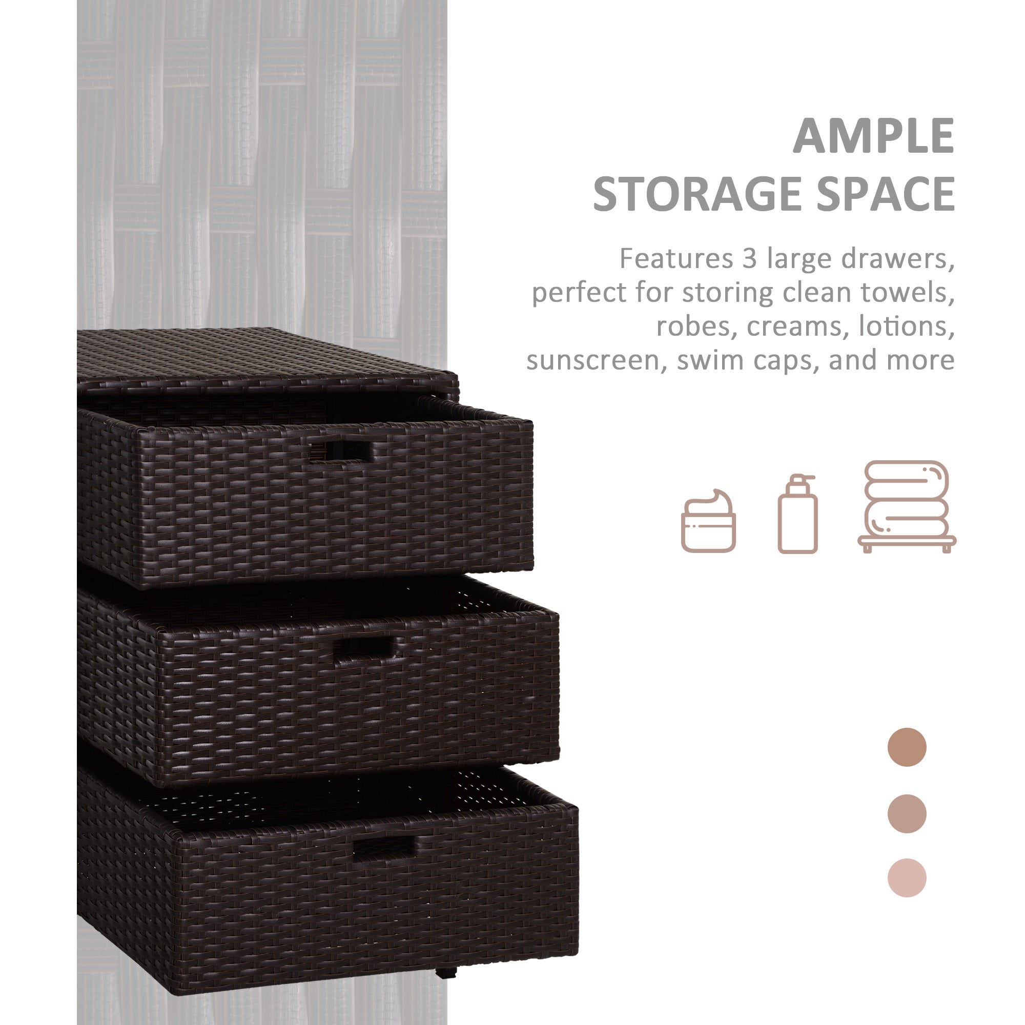 Patio PE Rattan Storage Cabinet, Wicker Pool Cabinet Organizer, Outdoor Towel Rack for Pool with 3 Drawers, Brown - Brown - Image 4