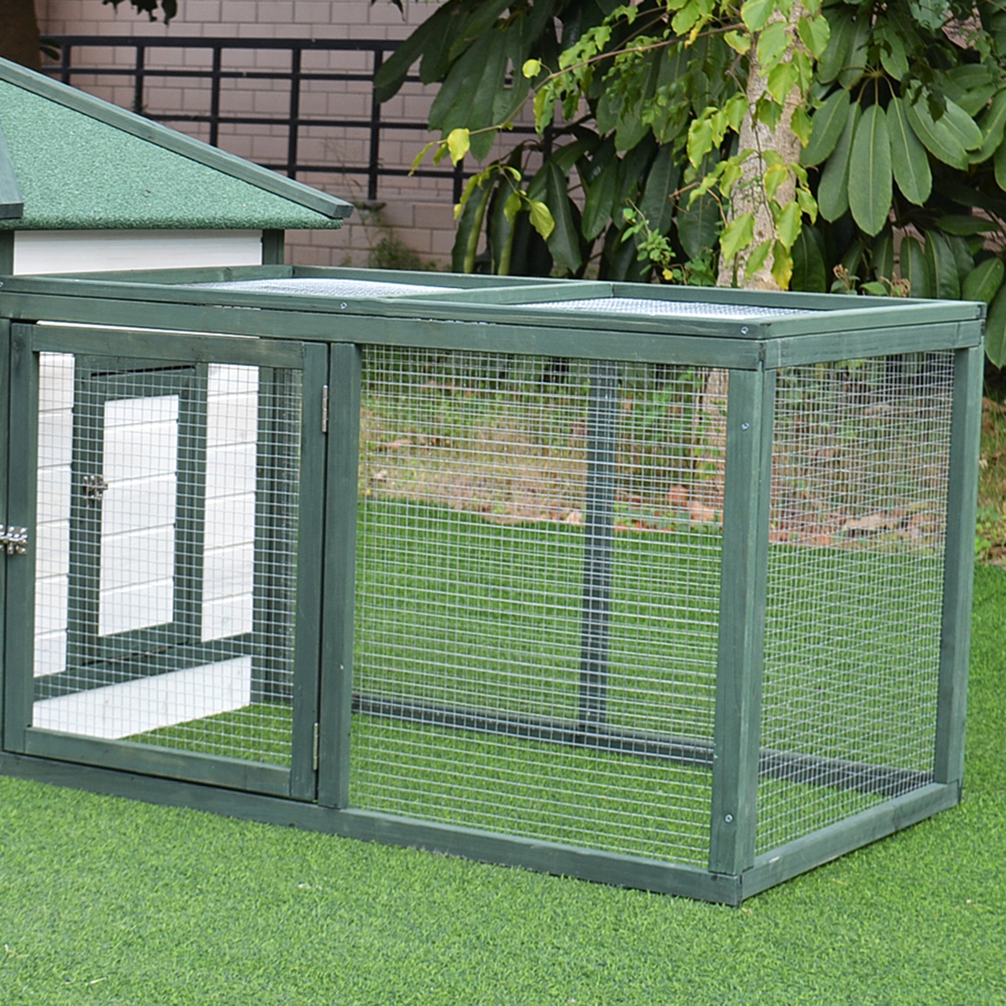 77" Wooden Chicken Coop Hen House Poultry Cage with Weatherproof Roof, Nesting Box, Enclosed Run and Removable Tray for Outdoor Backyard, Green - White - Image 8