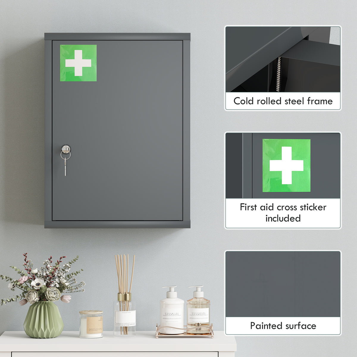 16" x 21" Lockable Medicine Cabinet, 3 Tier Steel Medical Wall Box with 2 Keys and Shelves for Bathroom, Gray