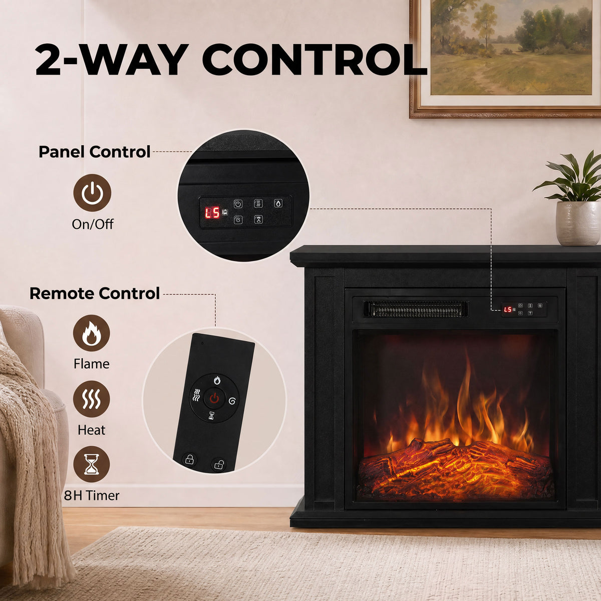 26" Electric Fireplace with Mantel, 1400W Freestanding Fireplace TV Stand with Adjustable Flame, Timer, Remote, Black