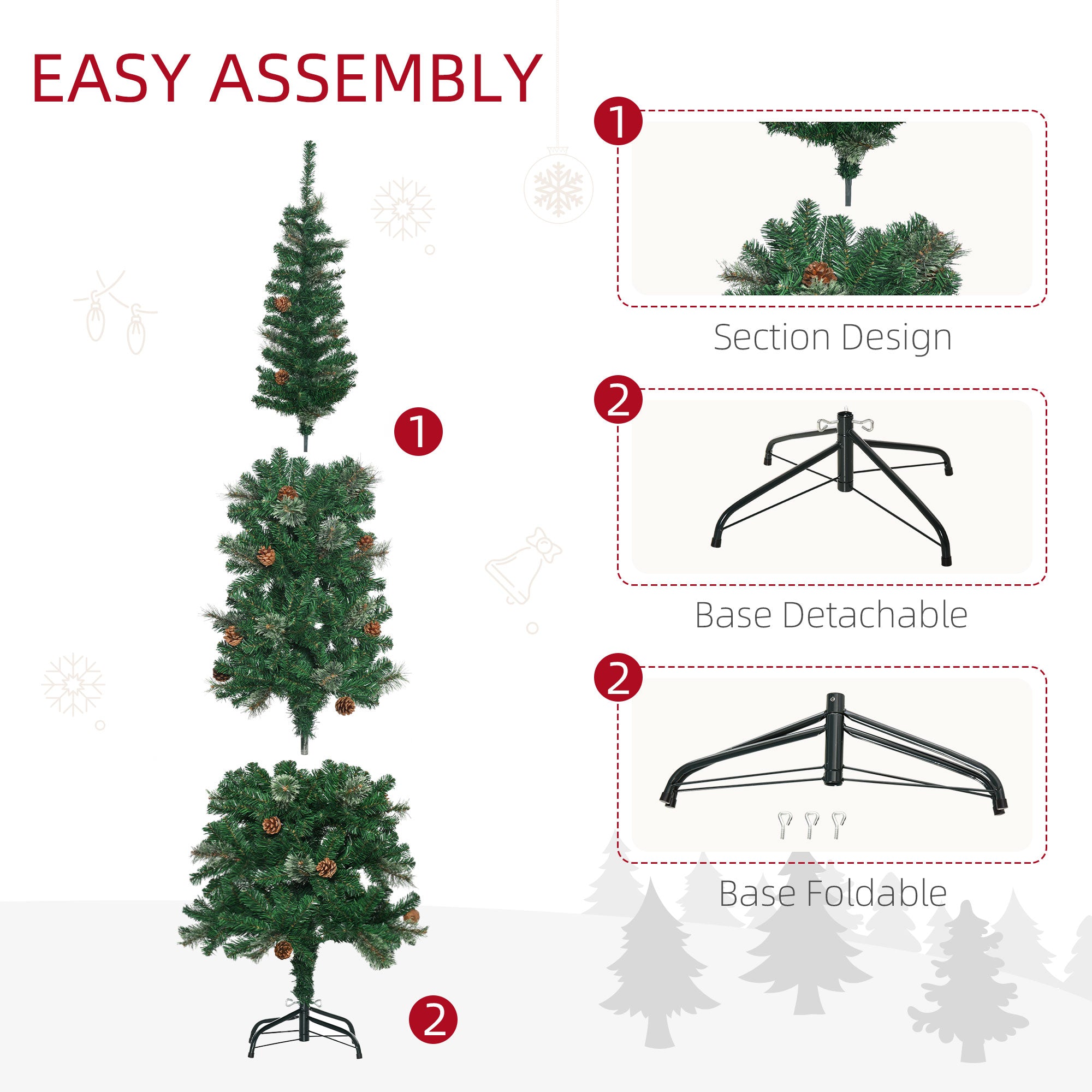 6.5 Foot Pencil Artificial Christmas Tree, Slim Pine Needles Xmas Tree with Realistic Branches, Pine Cones, Metal Base, Green