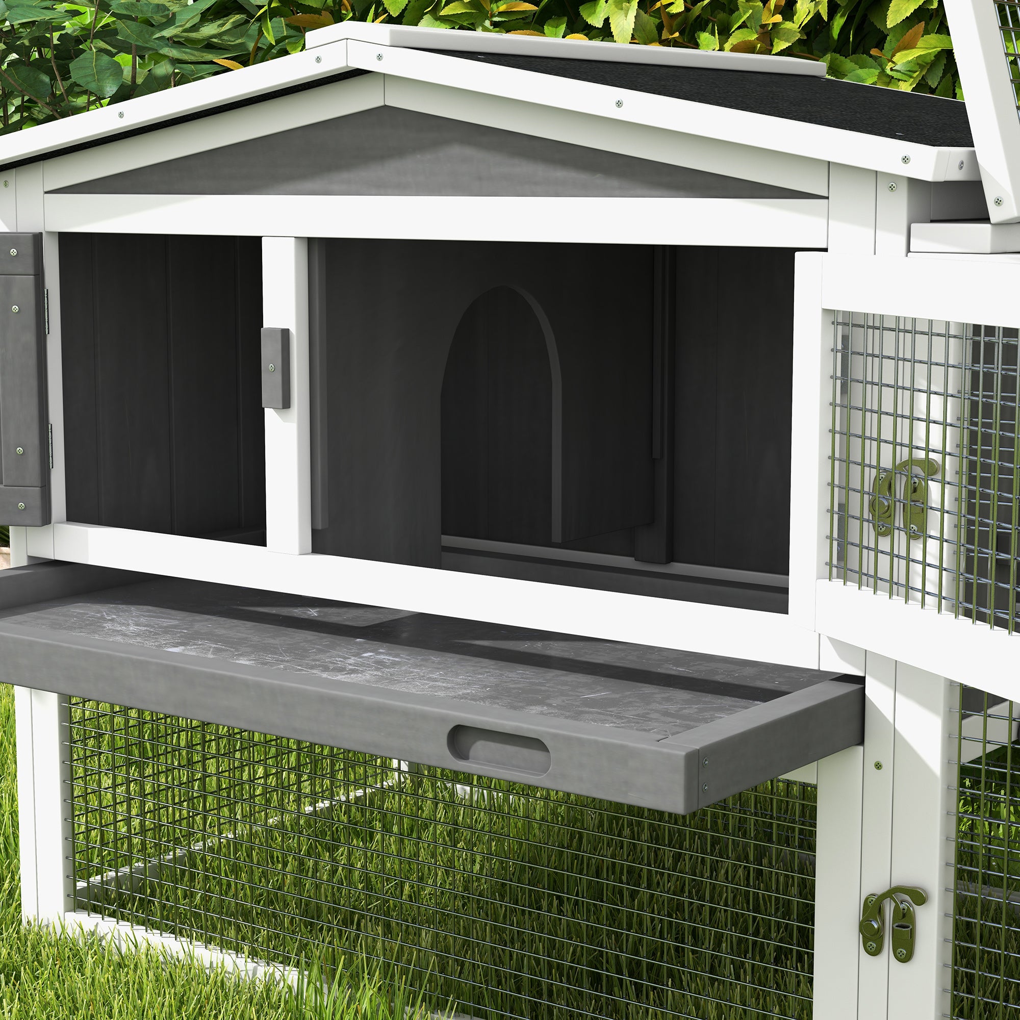Rabbit Hutch 2-Story Bunny Cage, Guinea Pig Cage Indoor Outdoor, Small Animal House with Slide Out Tray, for Rabbits, Chickens, Ducks, 61.5" x 23" x 27", Light Gray - Light Grey - Image 8