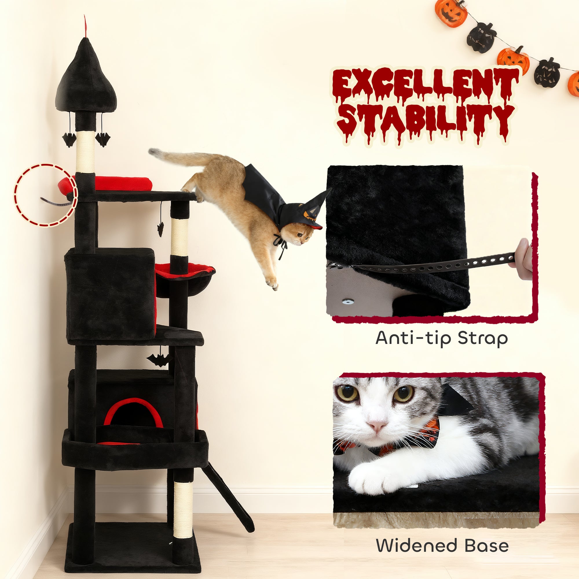 78" Gothic Cat Tree, Cat Tower with Coffin Bed, 2 Spacious Condos, Sisal Scratching Posts, Bat Hanging Balls, Halloween - Black - Image 8