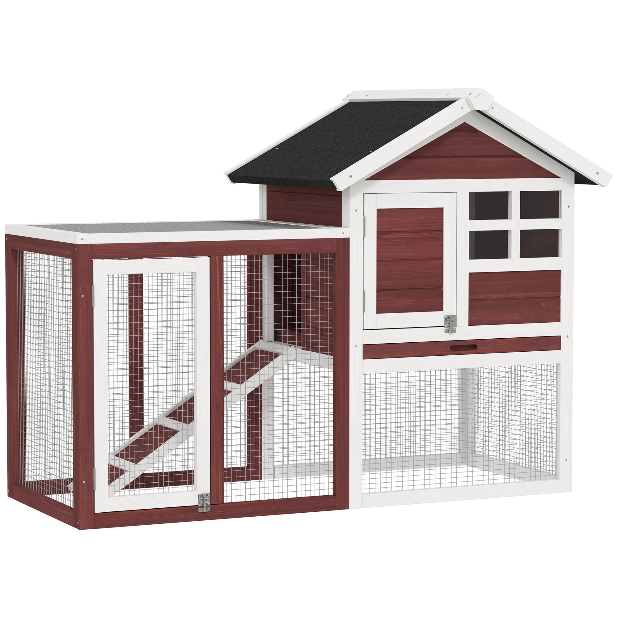 49" Wooden Rabbit Hutch Bunny Cage with Waterproof Asphalt Roof, Fun Outdoor Run, Removable Tray and Ramp, for Rabbits, Chickens, Ducks, Brown - Brown and White