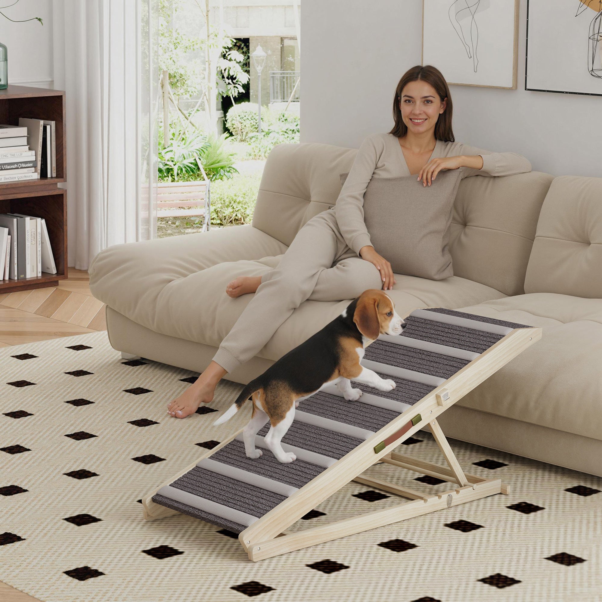 Dog Ramp for Couch, Foldable Pet Ramp for Small to Large Dog, 4 Adjustable Height from 16" to 23.5" - Natural wood finish - Image 2