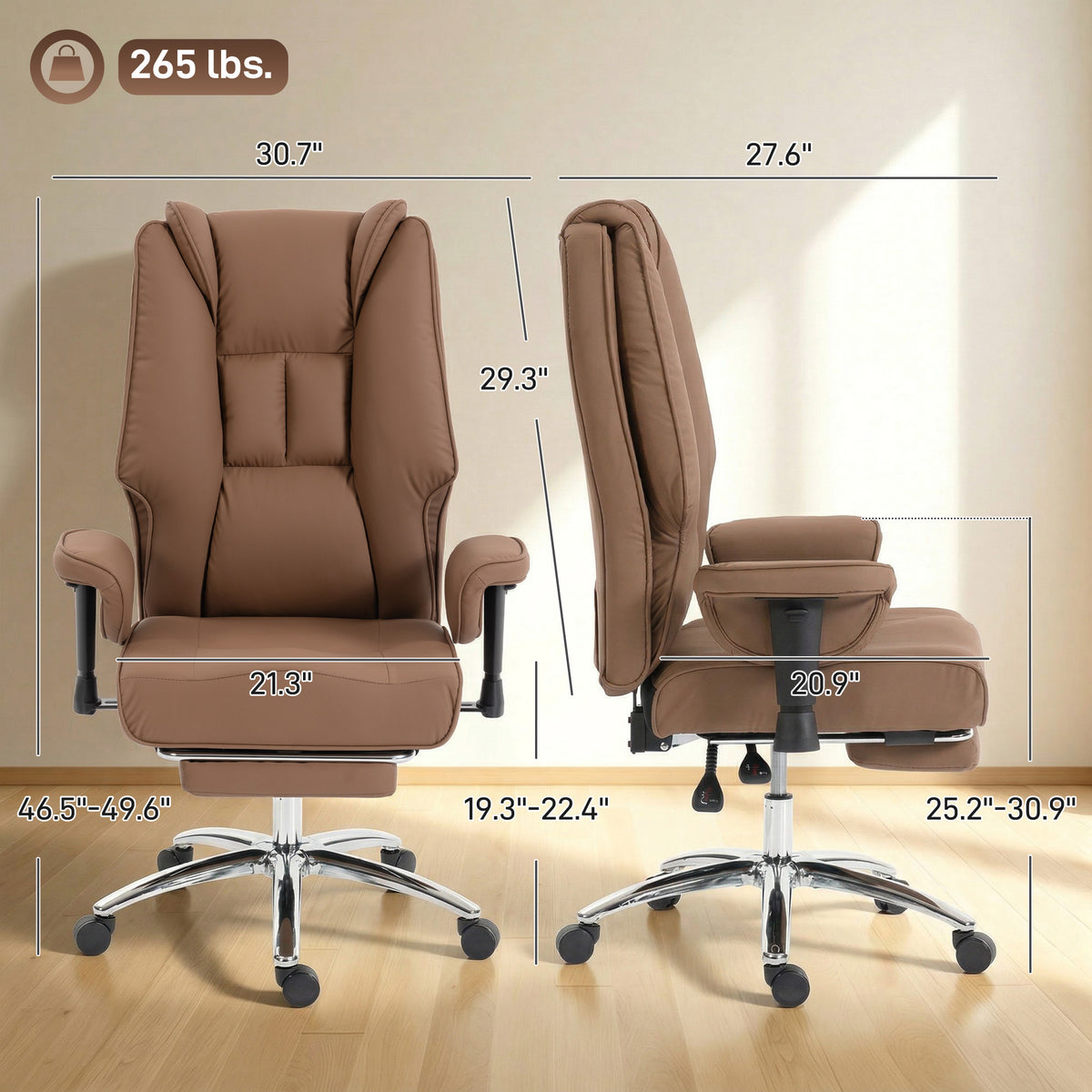 Ergonomic Office Chair, High Back Reclining Desk Chair with Adjustable Armrests, Pet Friendly Faux Leather, Brown