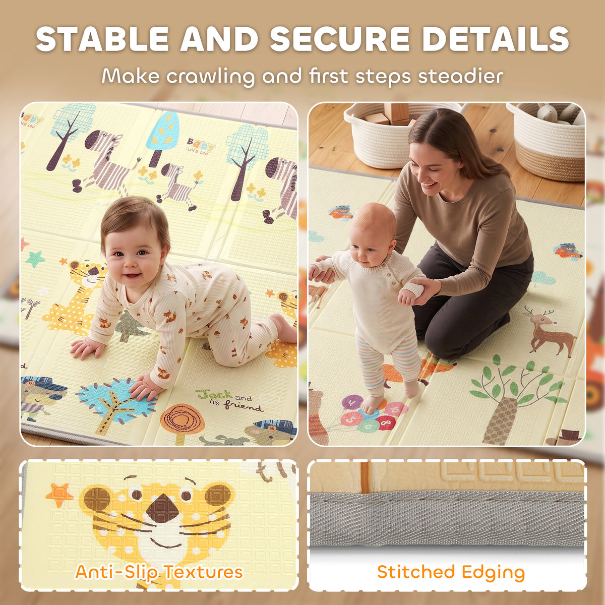 Foldable & Reversible Baby Play Mat, 79" x 71"Thick Play Mat for Floor, Waterproof Non-Slip, Forest Animals