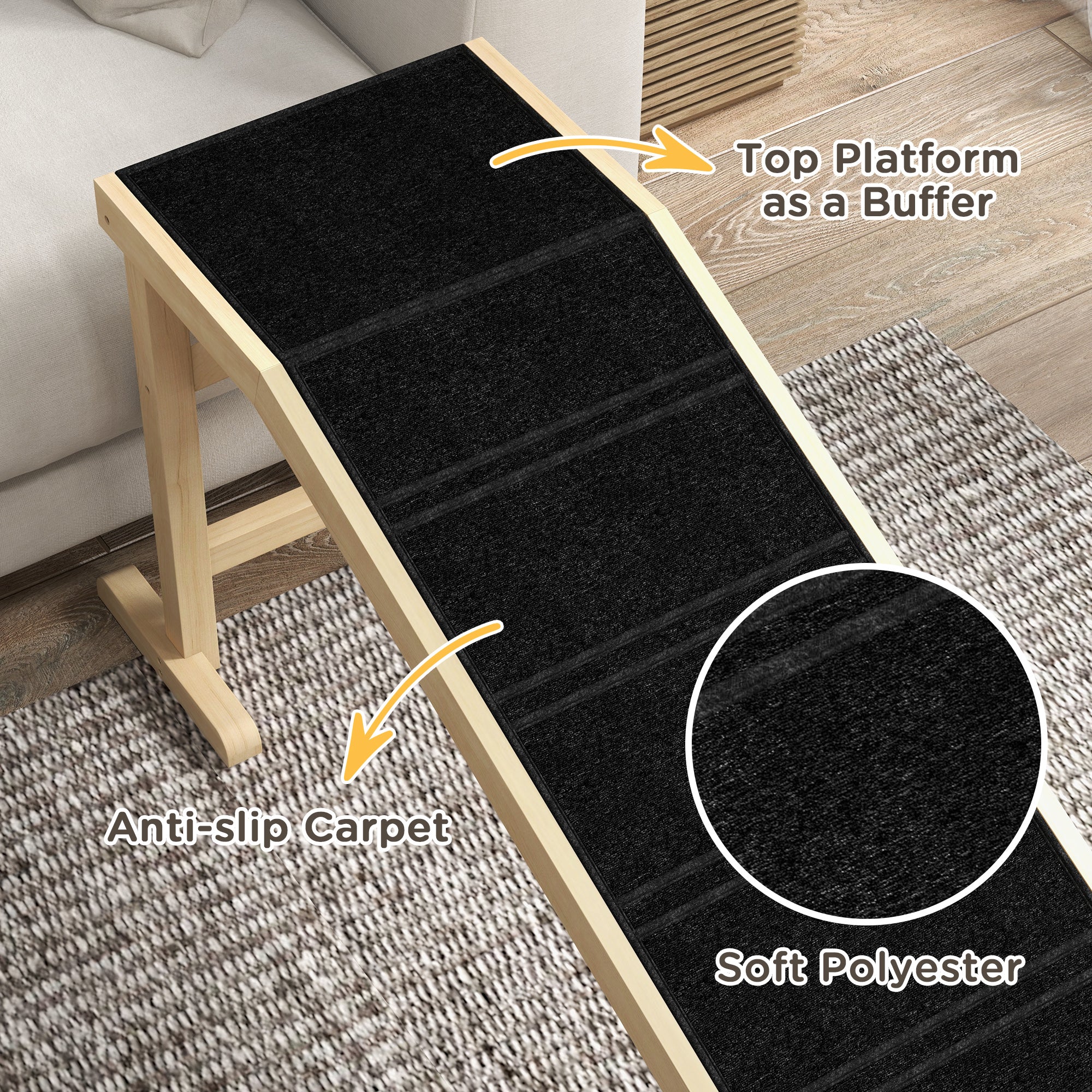 Dog Ramp for Bed, Pet Ramp for Dogs with Non-Slip Carpet and Top Platform, 74" x 16" x 25", Natural - Natural Wood - Image 6