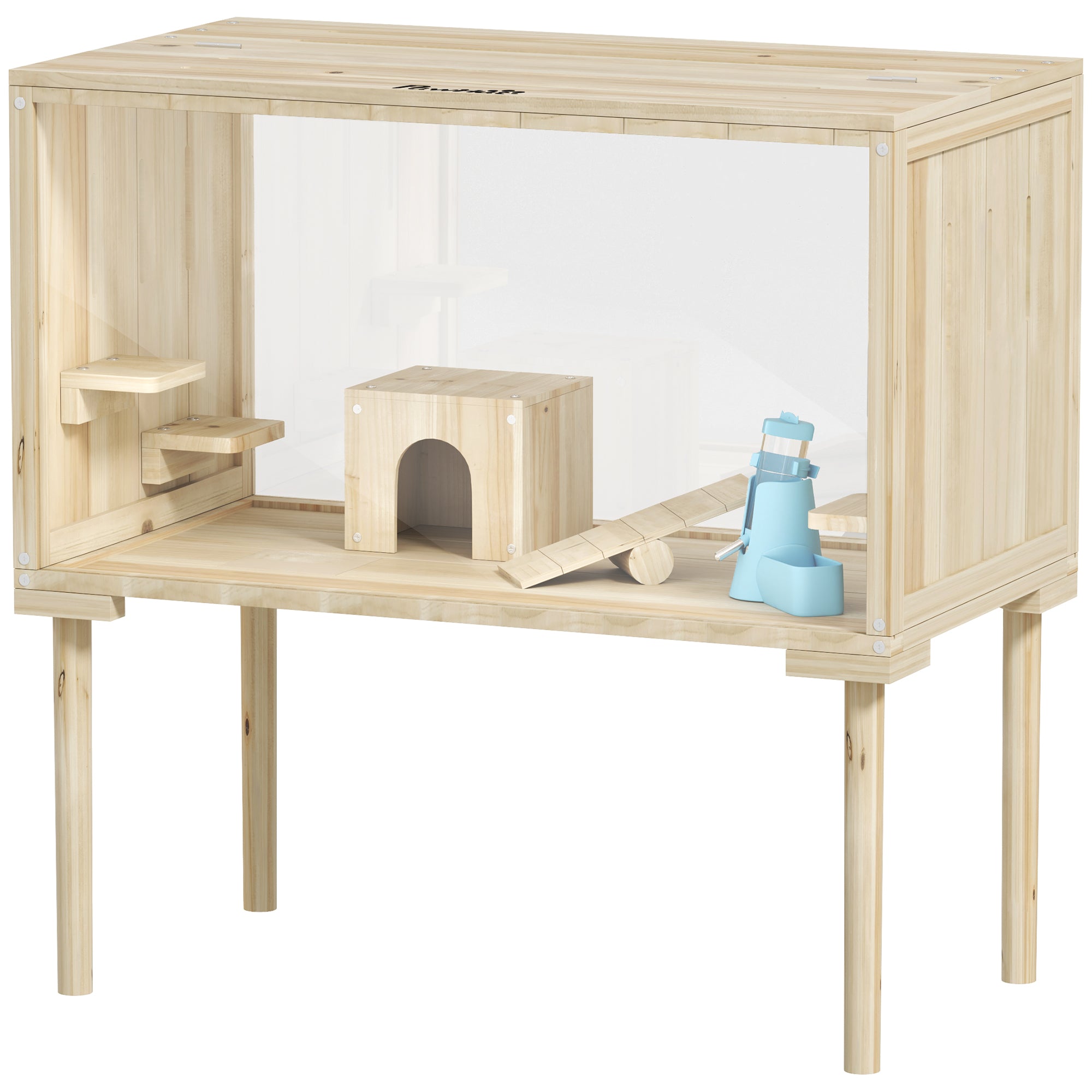 Wooden Hamster Cage with Legs, Gerbil Cage for Syrian, Dwarf, Mouse, 28" x 16" x 29.5", Nature Wood - Natural Wood
