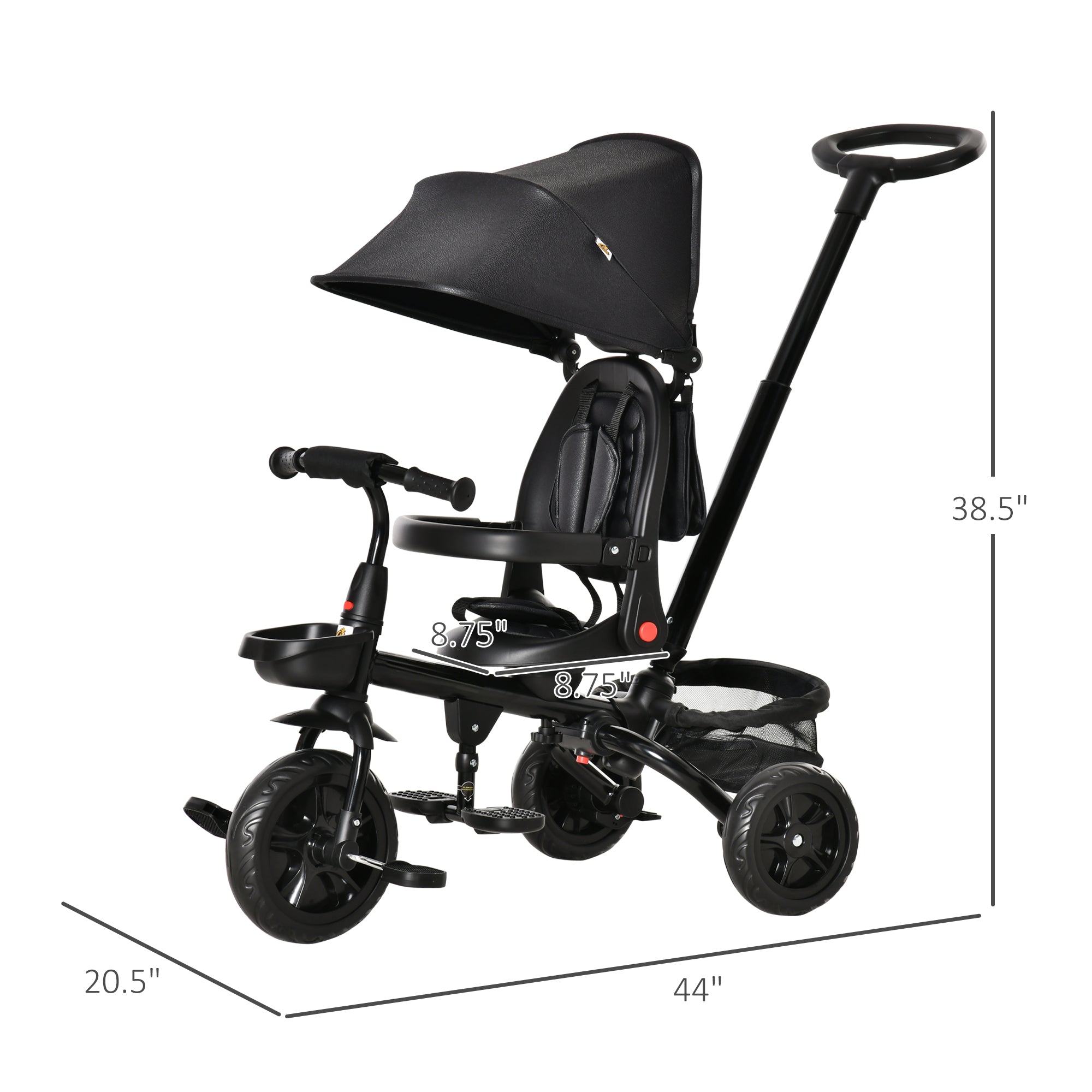 Kids Tricycle, 4 in 1 Foldable Trike with Reversible Seat, Adjustable Parent Handle, Safety Harness, Wheel Brakes, Removable Canopy, Storage, Tricycle for Toddlers 1-5 Years, Black