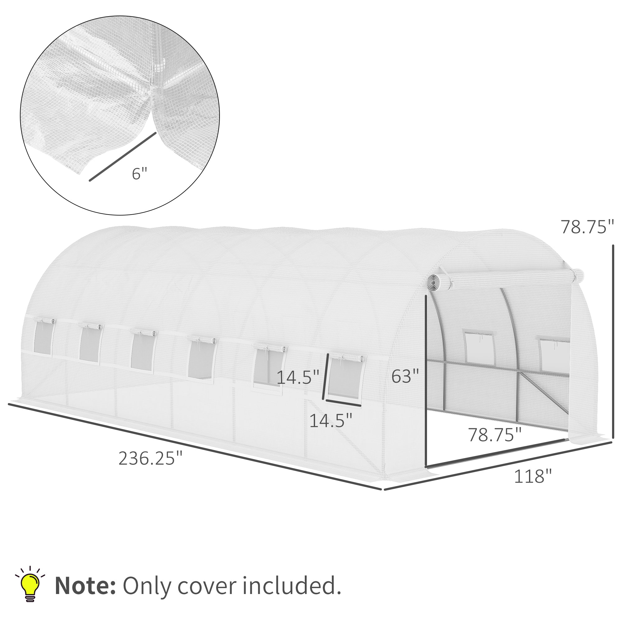 19.7' x 9.8' x 6.6' Plastic Greenhouse Cover Replacement, Heavy Duty Waterproof Tarp for Hoop House, Sheeting with 12 Windows, Door & Reinforcement Grid, White - White - Image 3