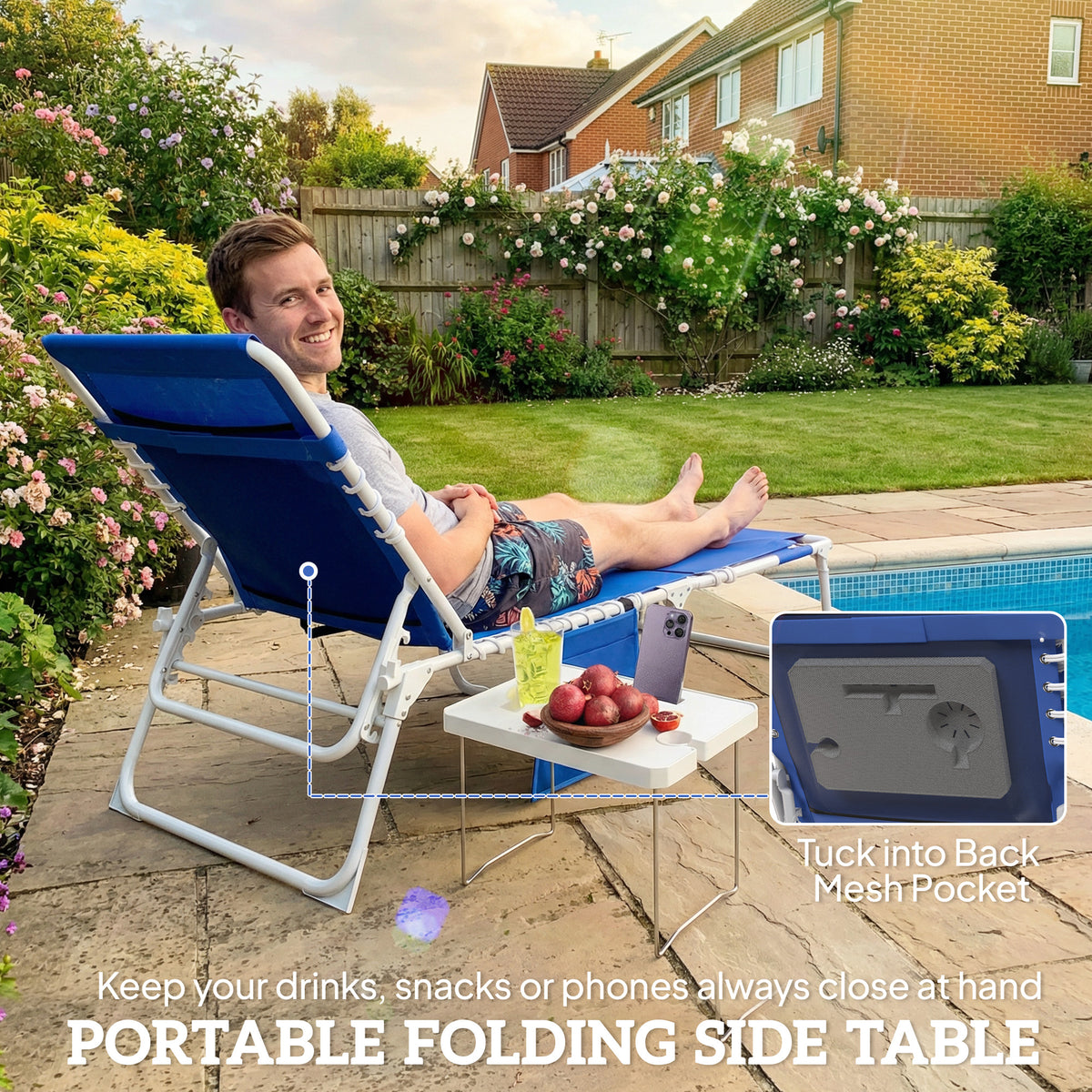 Tanning Chair with Face Hole and Side Table, 5-Position Folding Outdoor Chaise Lounge Chair, Navy Blue