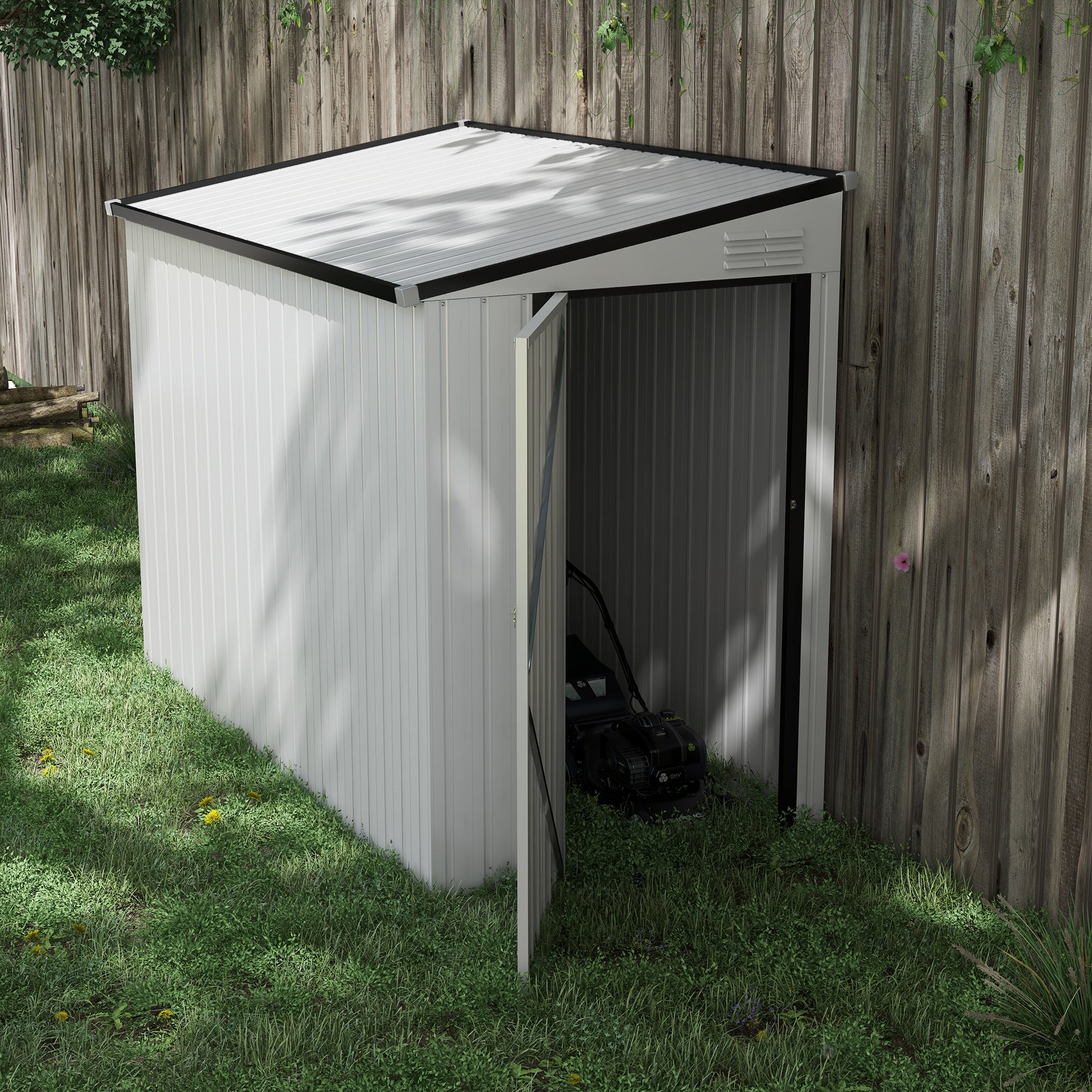 4' x 7.7' Lean to Garden Storage Shed, Outdoor Metal Tool House with Lockable Door Vents for Backyard Patio Lawn, White - White - Image 2