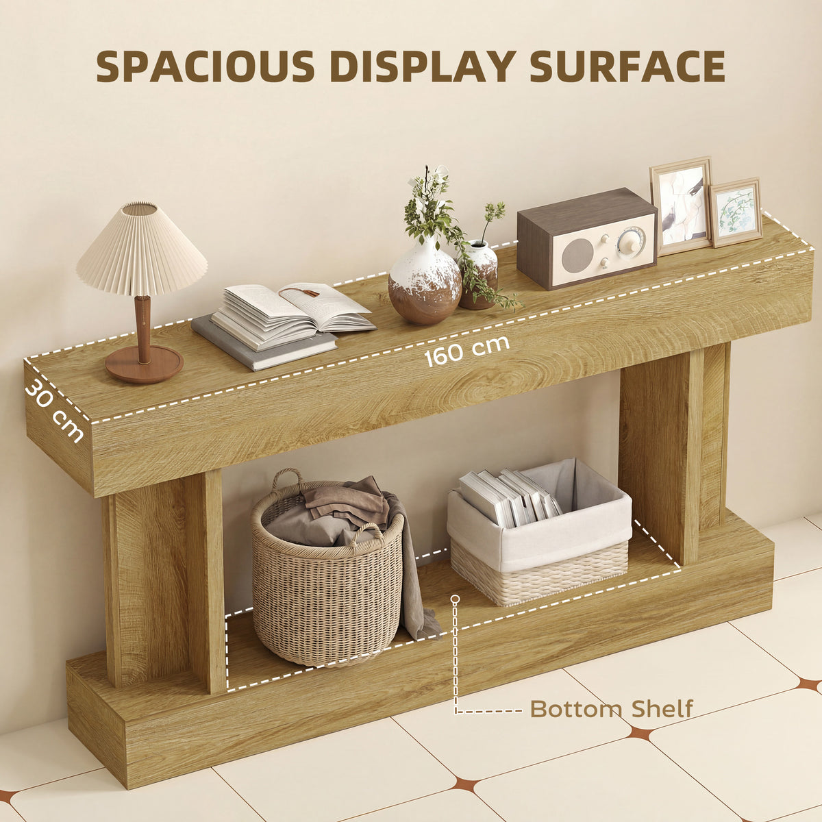 63 Inch Long Console Table, Vintage Narrow Entryway Table with Storage Shelf for Living Room and Hallway, Oak