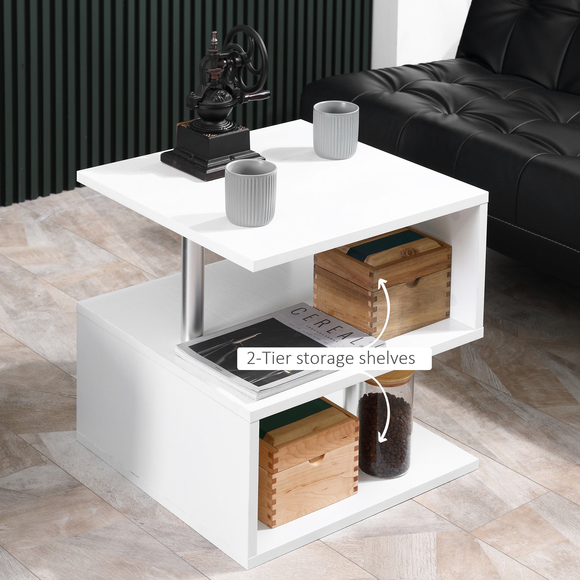 20" Modern S-Shaped Multi-Level Accent End Table Shelf with Steel Poles, White