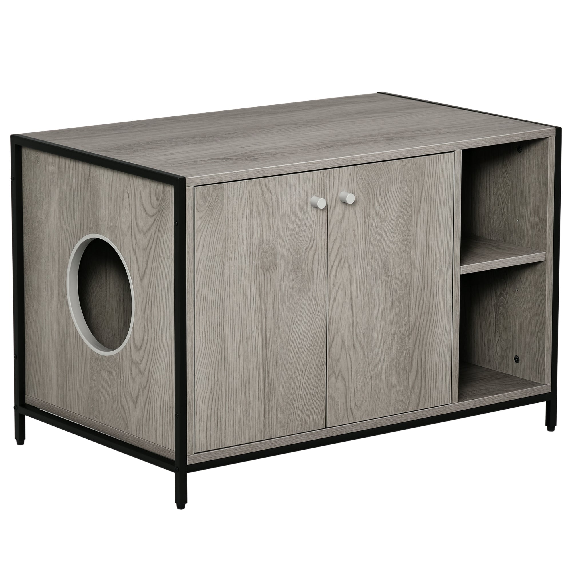 Large Wooden & Steel Cat Litter Box Enclosure, Kitten Washroom End Table, Indoor Hidden Cat House with Magnetic Doors & Storage Shelves, Gray - Grey