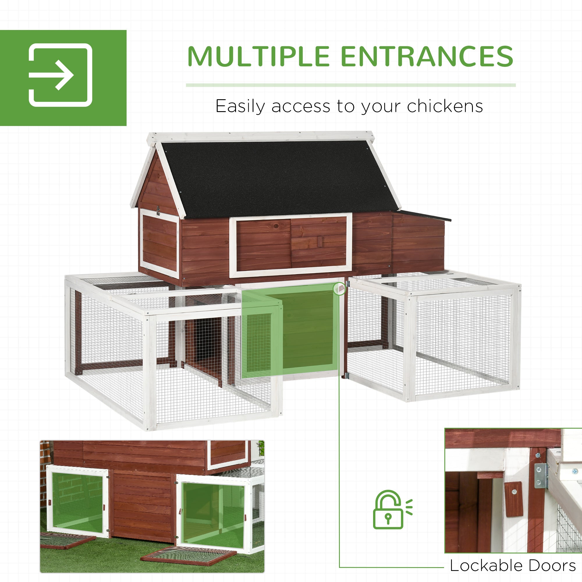 Wooden Chicken Coop, Outdoor Chicken Cage Poultry Hen House with Nesting Box, Double Runs, Asphalt Roof, Ramp - Reddish Brown and White - Image 6