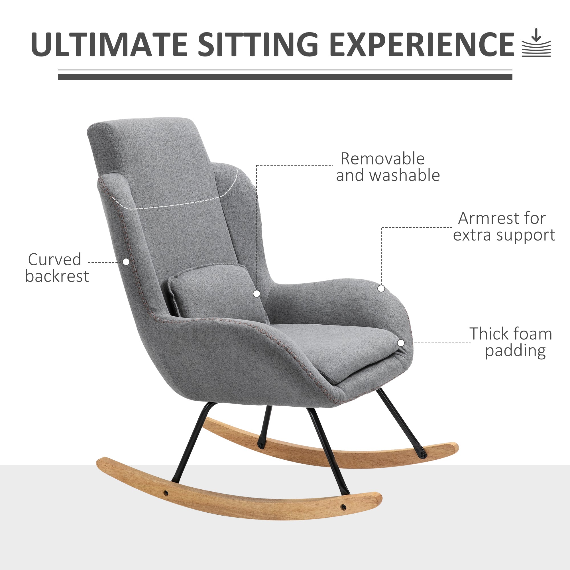 Modern Rocking Chair with Removable Lumbar Pillow Fabric Sofa Armchair with Thick Padding, Metal Frame, Wood Base for Living Room, Light Gray