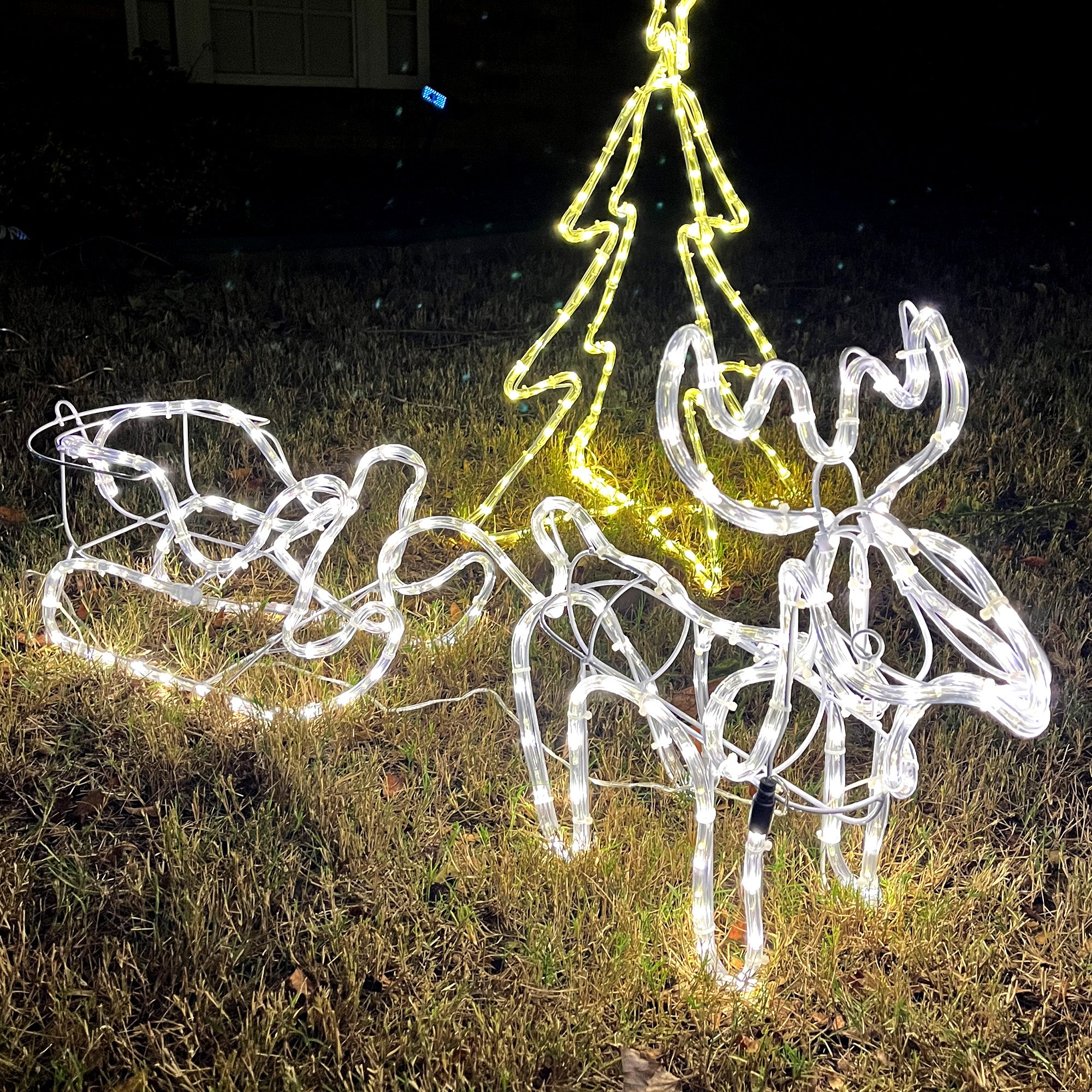 35" Christmas Reindeer and Sleigh with LED Motif Warm White Lighting, Indoor Outdoor Steel Frame Yard Decoration