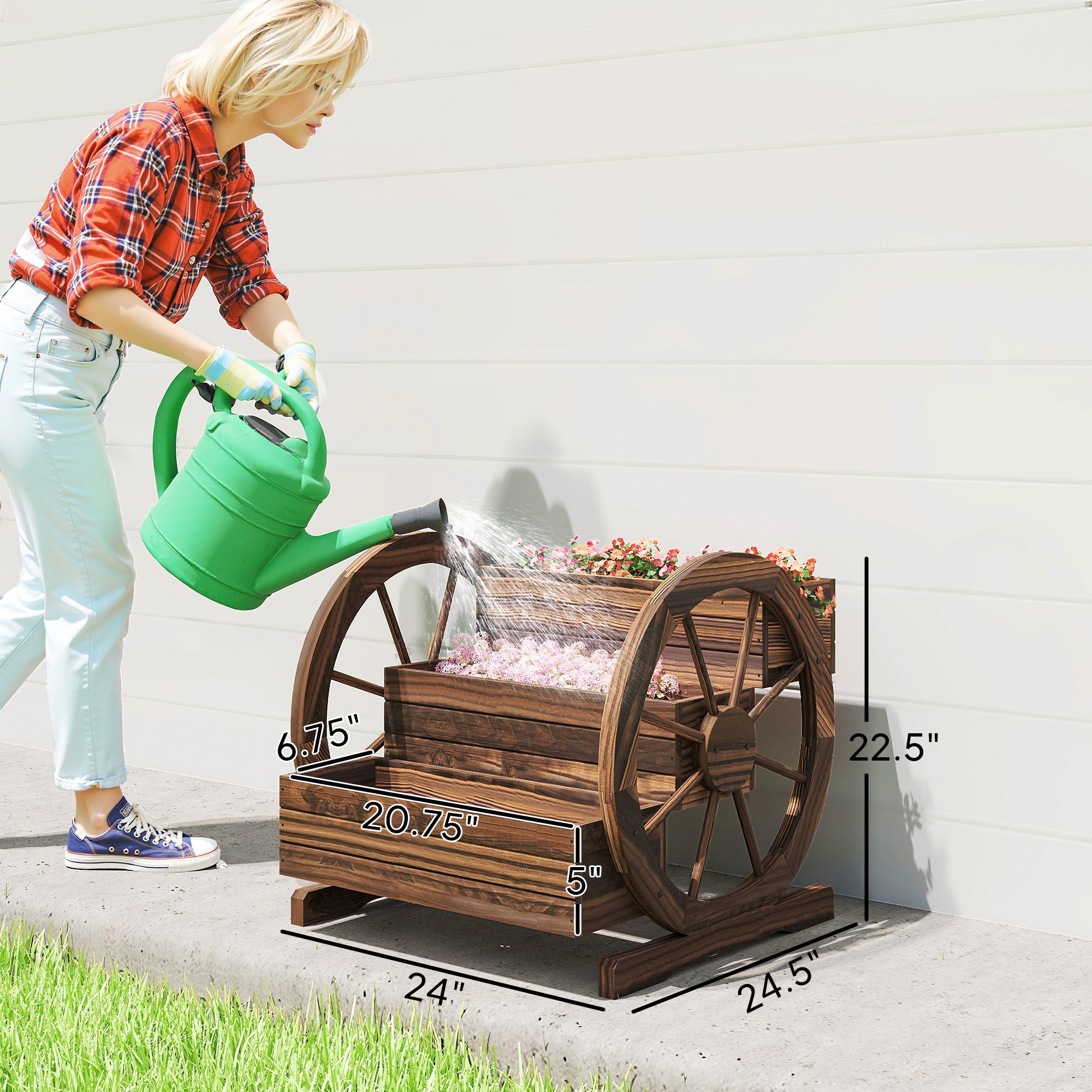 Wooden Wagon Planter Box, 3-Tier Raised Garden Bed, for Vegetables Flowers Herbs, 25" x 24" x 23" - Carbonized - Image 3