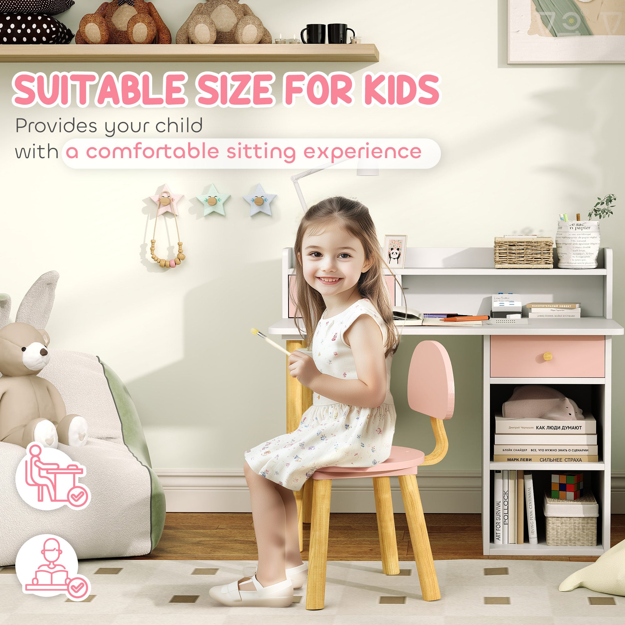 Kids Study Desk with Storage, Kids Desk and Chair Set for Bedroom & Study Room, Girls Boys Aged 3-8 Years, Pink