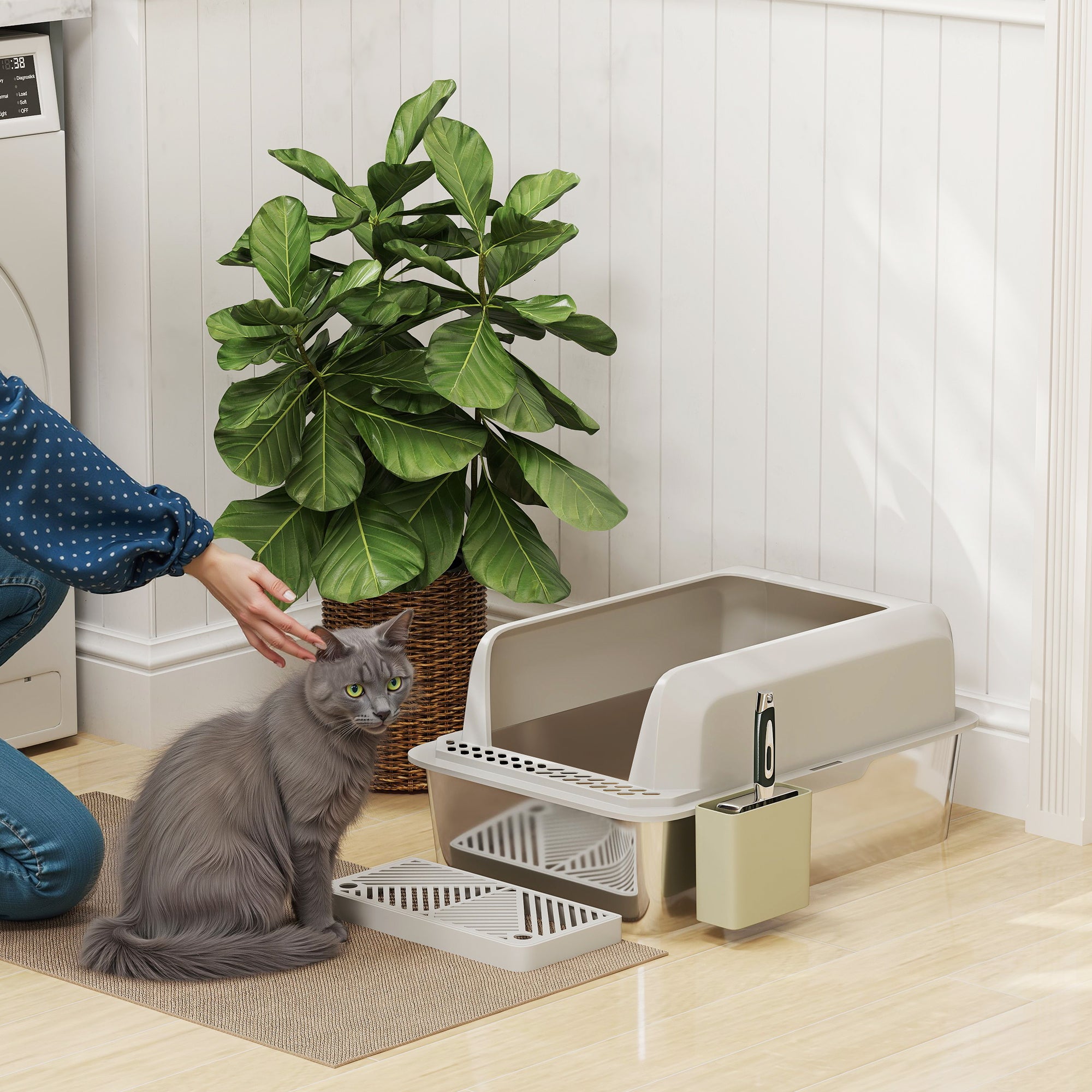 Stainless Steel Litter Box with Metal Scoop & Scoop Holder, High Sided, Anti-Urine Leakage, Non-Sticky - Light Gray - Image 2