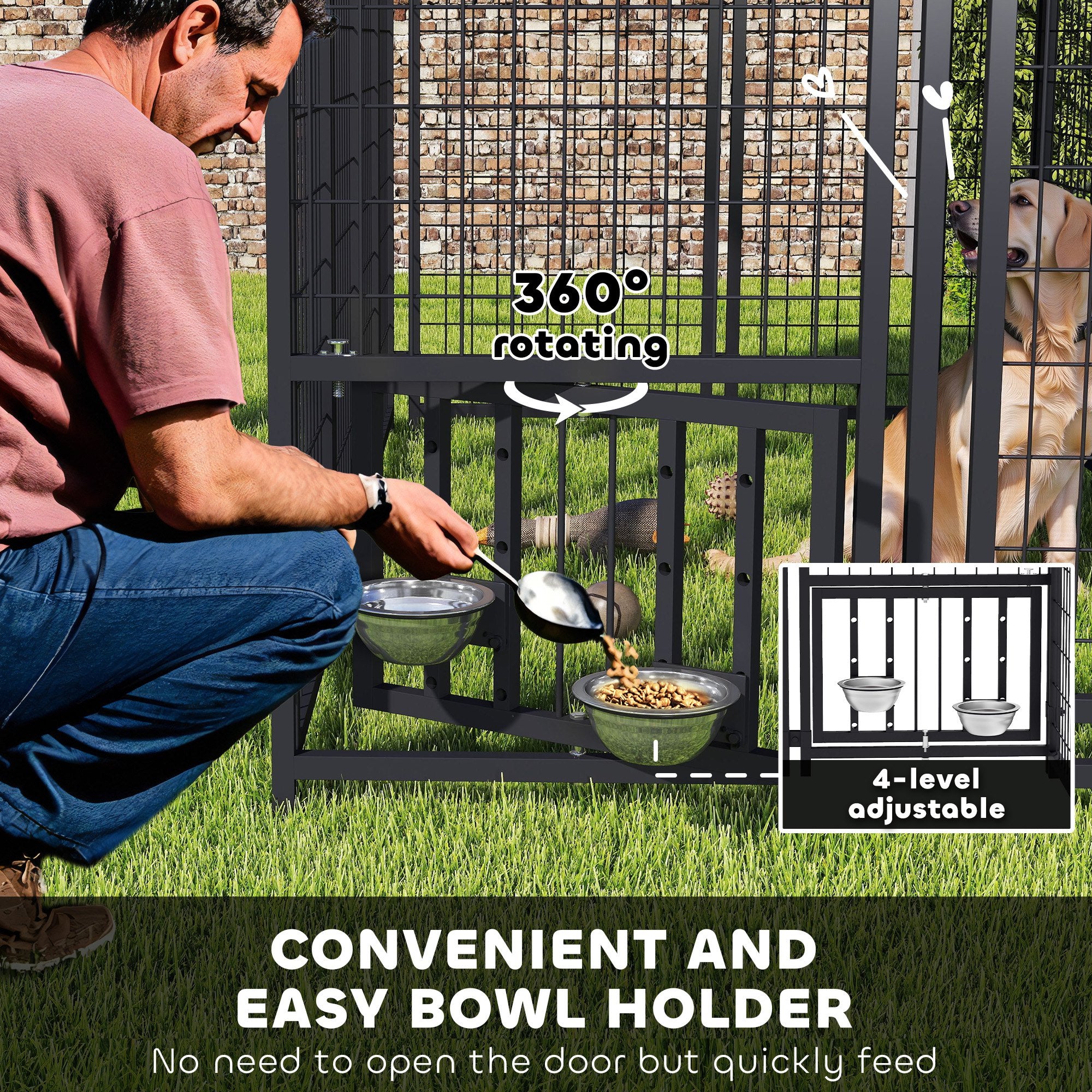 Welded Wire Outdoor Dog Kennel with 360° Rotating & 4 Levels Adjustable Bowls, Waterproof Cover, 7.9' x 4' x 6' - Red - Image 6