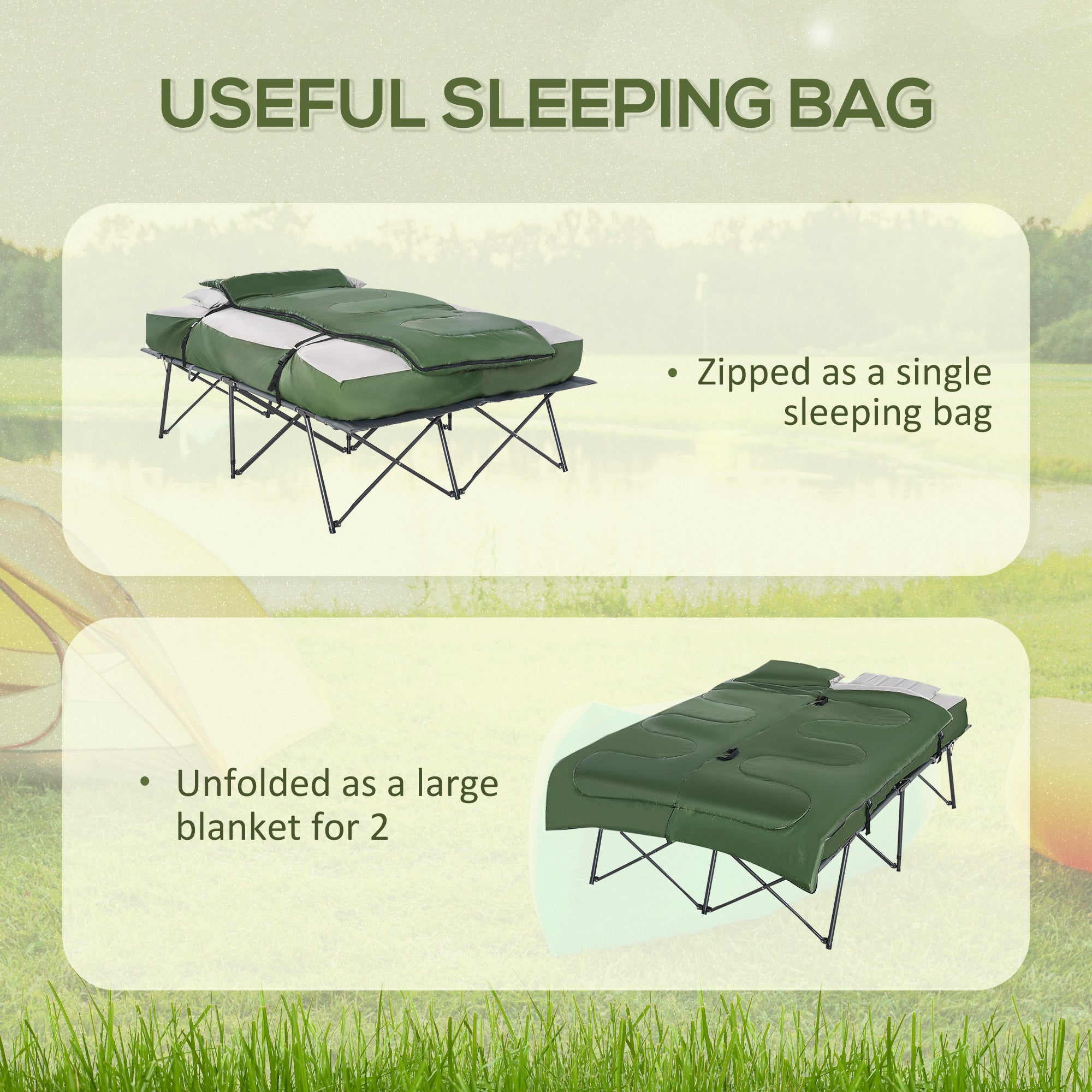 2-Person Folding Camping Cot Portable Outdoor Bed Set with Sleeping Bag, Inflatable Air Mattress, Comfort Pillows and Carry Bag, Soft and Comfortable for Outdoor Travel Camp Beach Vacation