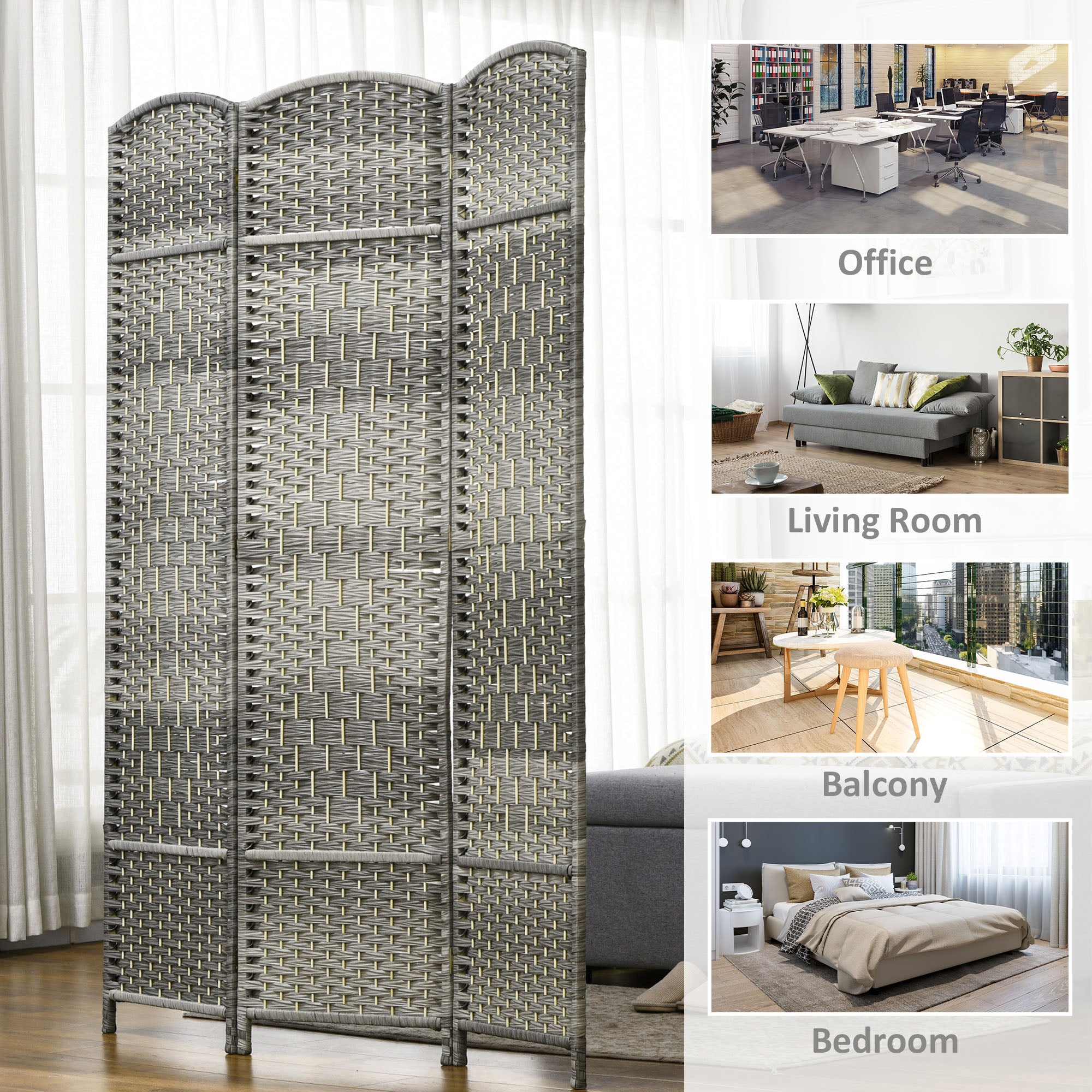Folding Room Divider Screen 3 Panel 6' Tall Privacy Screen Freestanding Wood Partition for Home Office, Mixed Gray