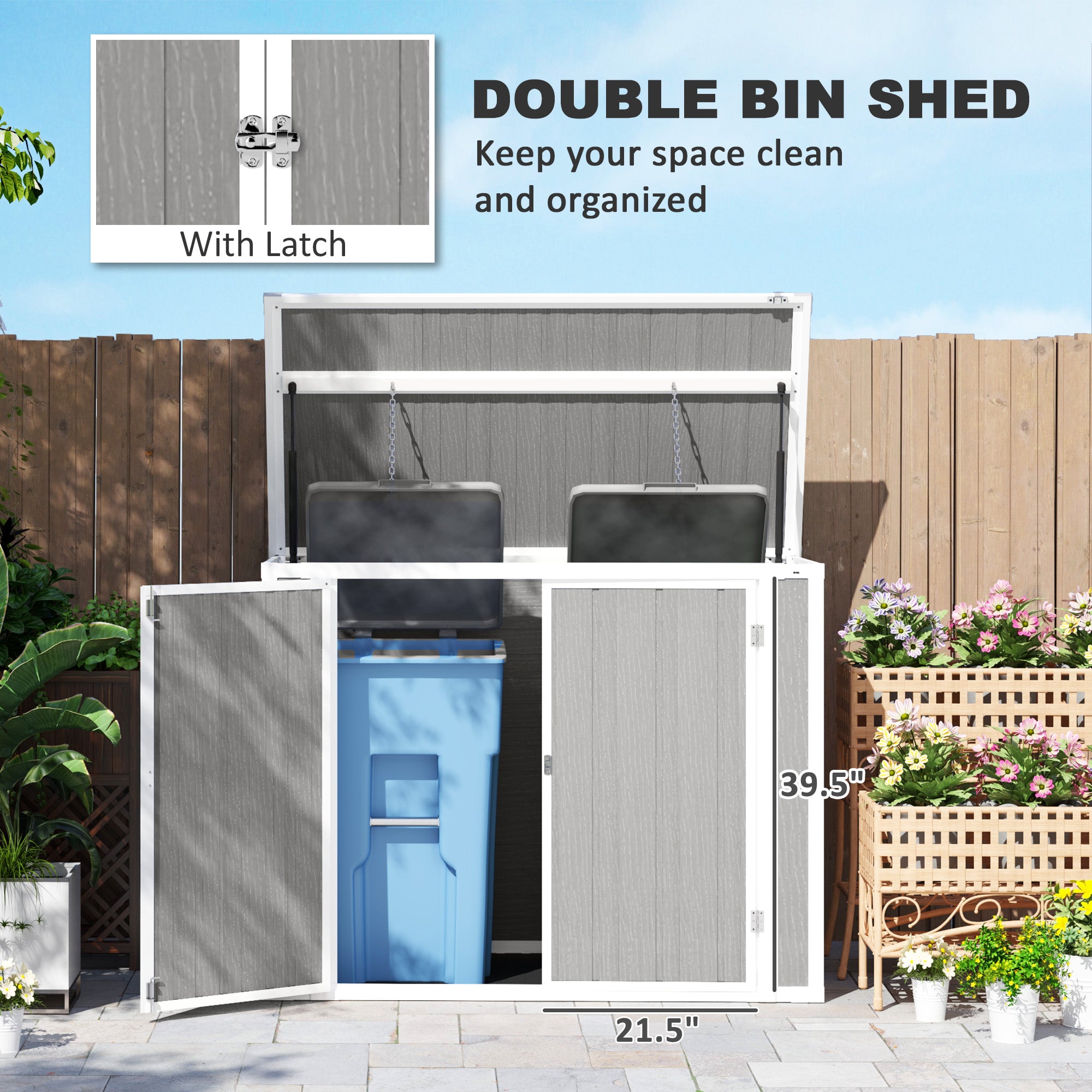 4.7 x 2.5FT Outdoor Horizontal Storage Shed, Lockable Trash Can Storage with Chain Lid, Gray - Gray - Image 7