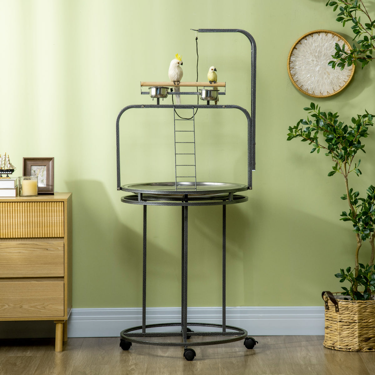 Parrot Stand Large Bird Perch Stand with Toy Hook & 3 Ladders, Parrot Perch, Bird Wooden Stand, Gray