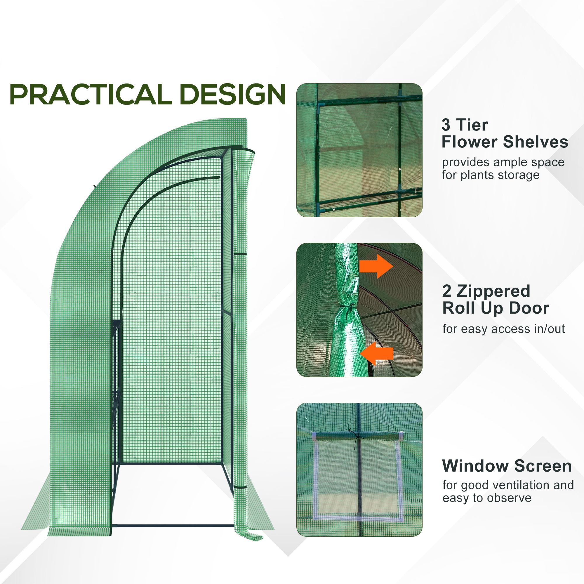 7' x 3' x 7' Lean to Greenhouse, Walk-In Green House, Plant Nursery with 2 Roll-up Doors and Windows, PE Cover and 3 Wire Shelves, Green - Green - Image 7