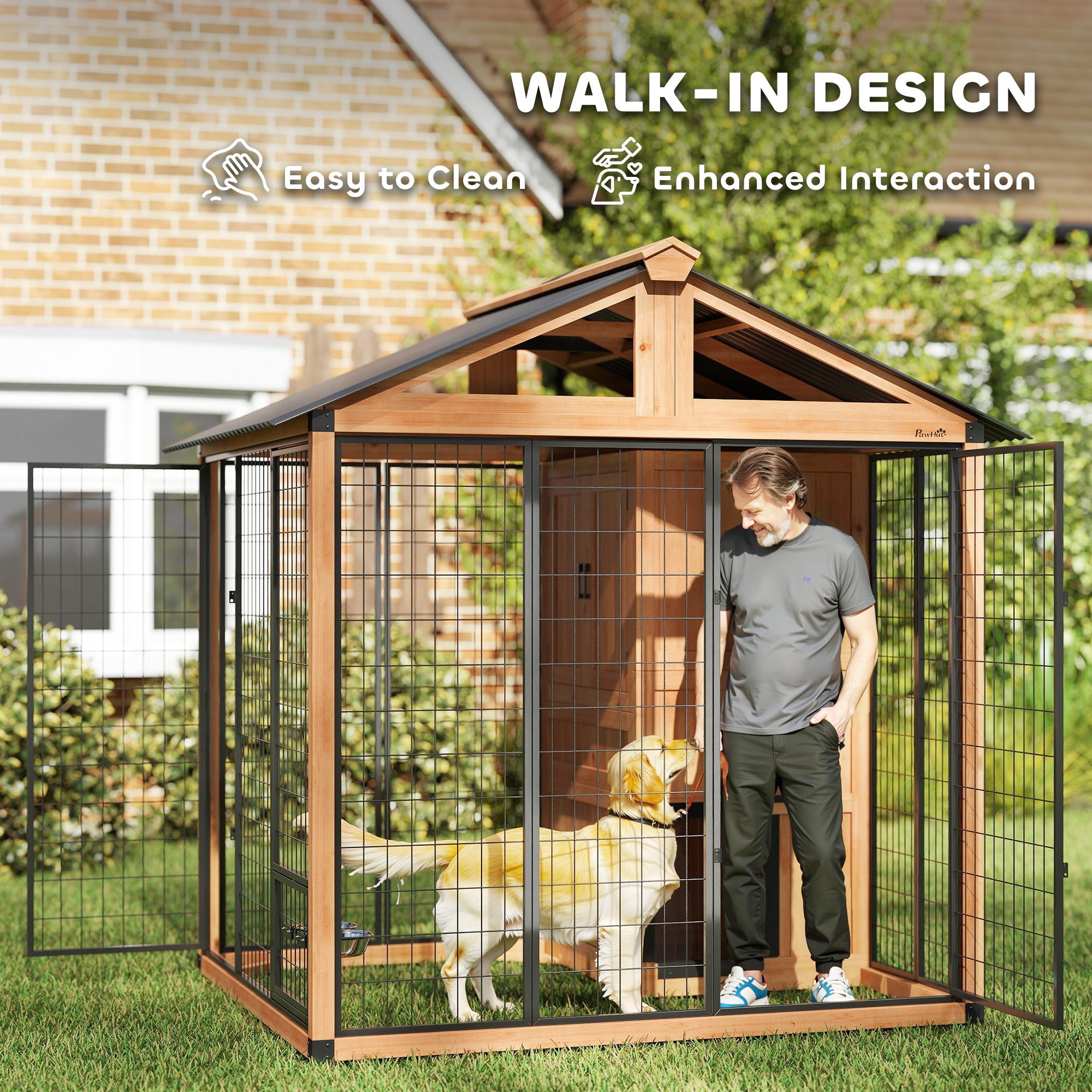 7' x 6' Extra Large Dog House, Wood Outdoor Dog Kennel with Storage Cabinet, Stainless Steel Bowls, Light Yellow - Yellow - Image 5