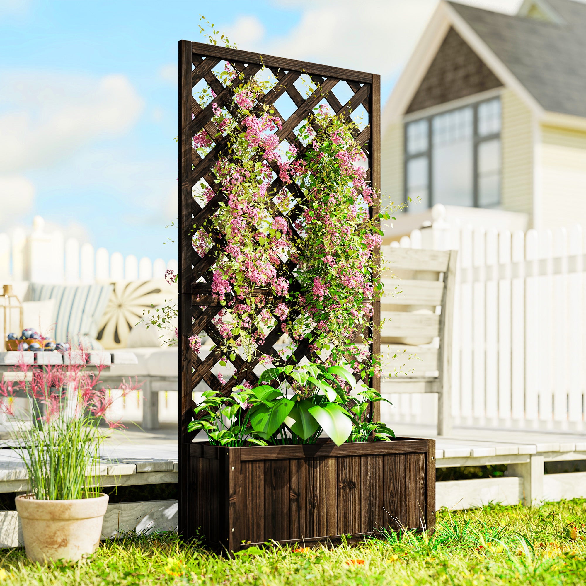 Wooden Raised Garden Bed Planting Planter Box with Trellis and Drain Holes for Climbing Vine Plants, Brown - Brown - Image 2