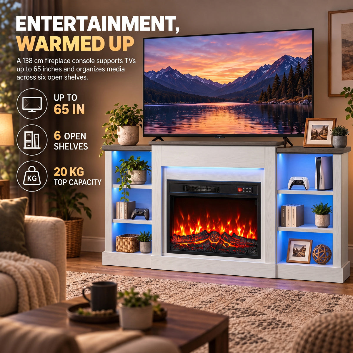 55" Fireplace TV Stand for TVs up to 65", Entertainment Center TV Console, RGB LED Strips, 6 Shelves, White Wood Grain
