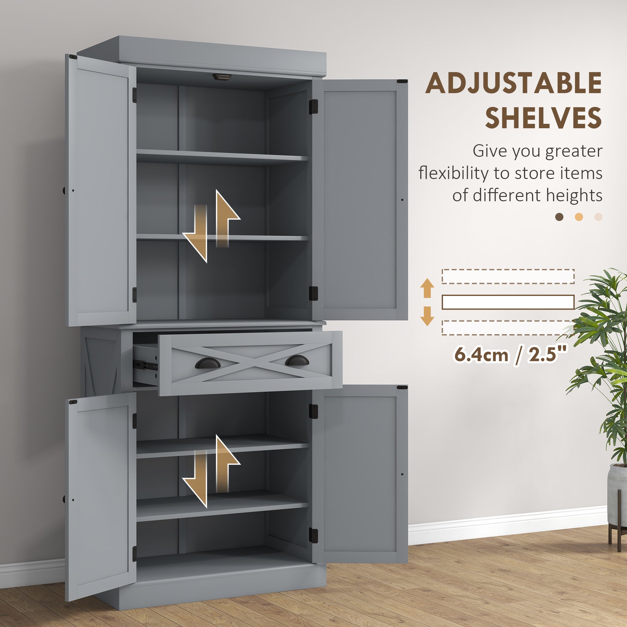 72" Kitchen Cabinet, Pantry Storage Cabinet with 4 Doors and 2 Adjustable Shelves, Large Central Drawer, Gray