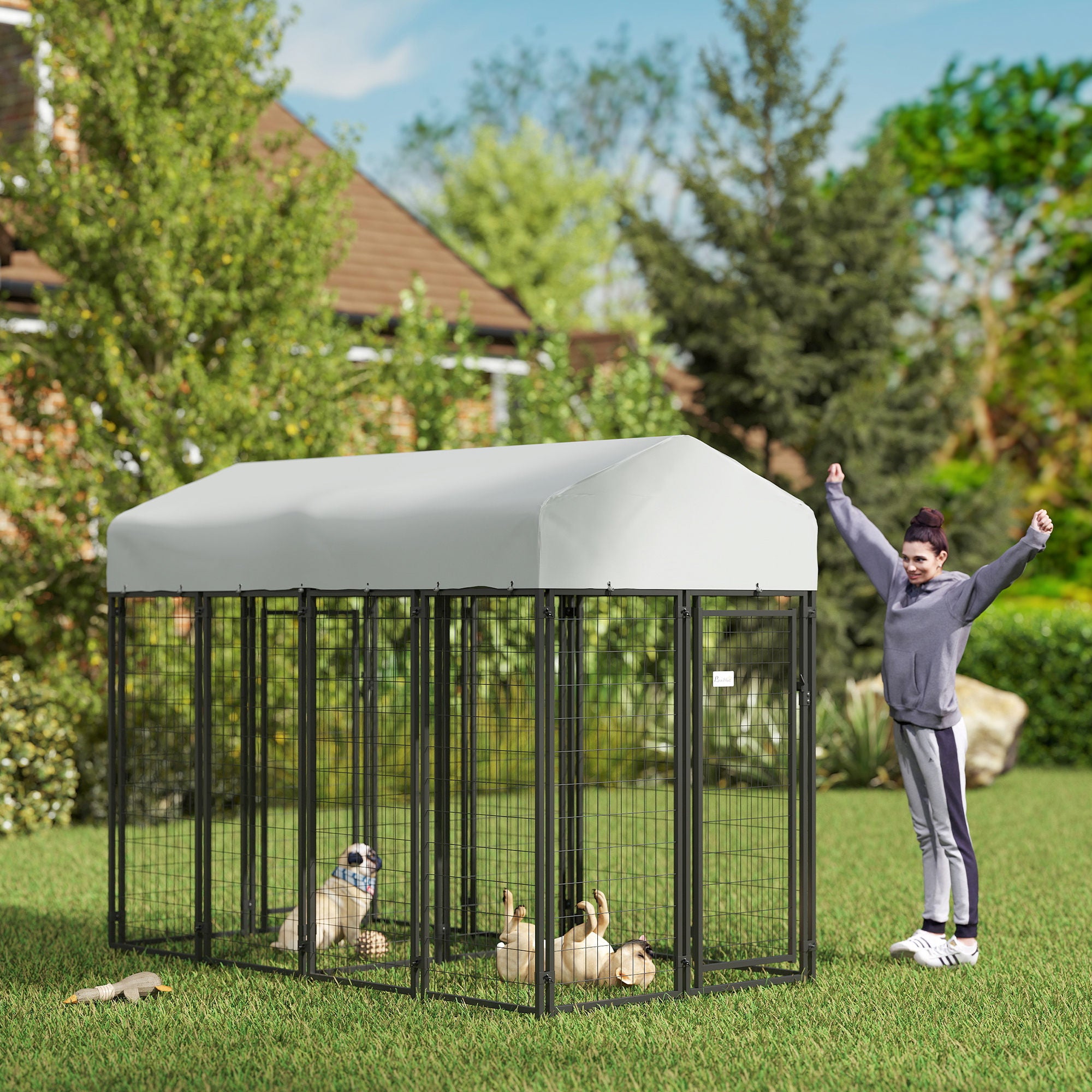 Outdoor Dog Kennel with Two-Room Design, Water-Resistant & Sun-Proof Cover, for S, M, L Dogs, 8' x 4' x 6' - Silver - Image 2
