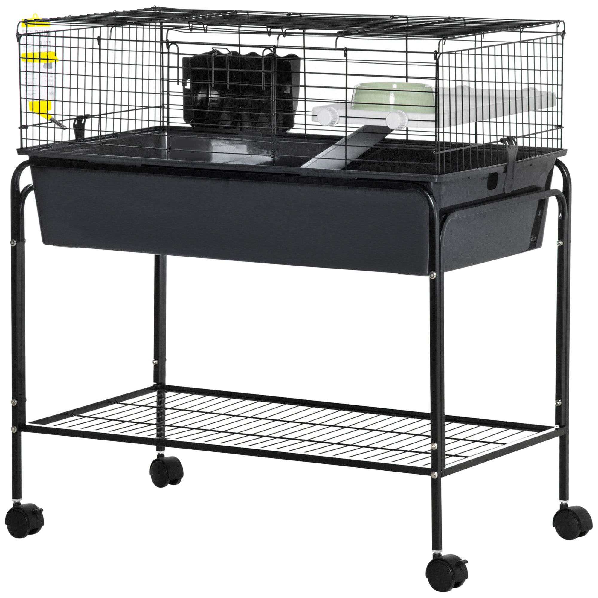 Two-Story Small Animal Cage Removable from Stand, Pet Habitat with Shelf & Wheels, 33" x 18.5" x 35", Charcoal Gray - Gray