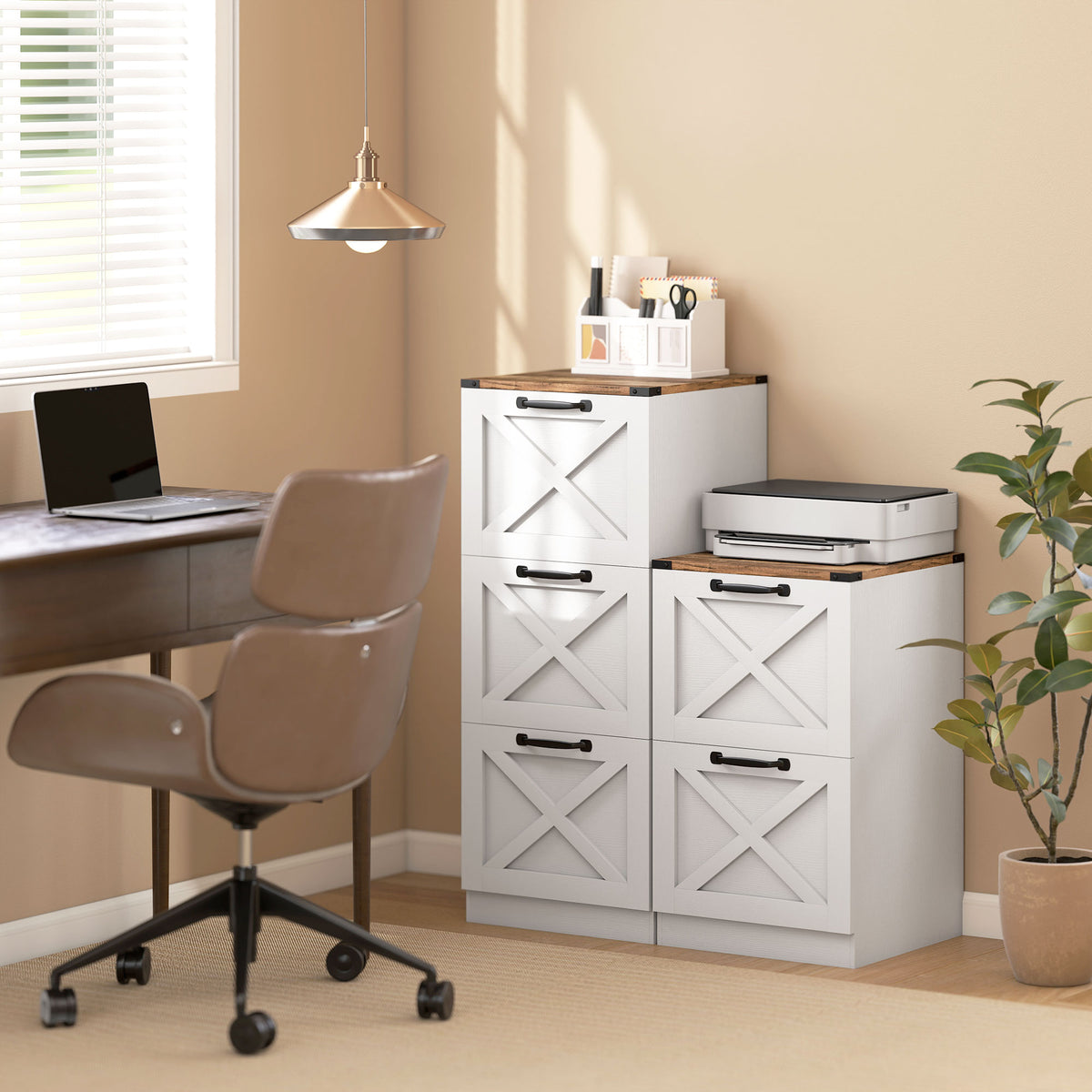 Vertical Storage Drawers Farmhouse X Pattern Printer Stand Fits Letter Files 2 Drawers White