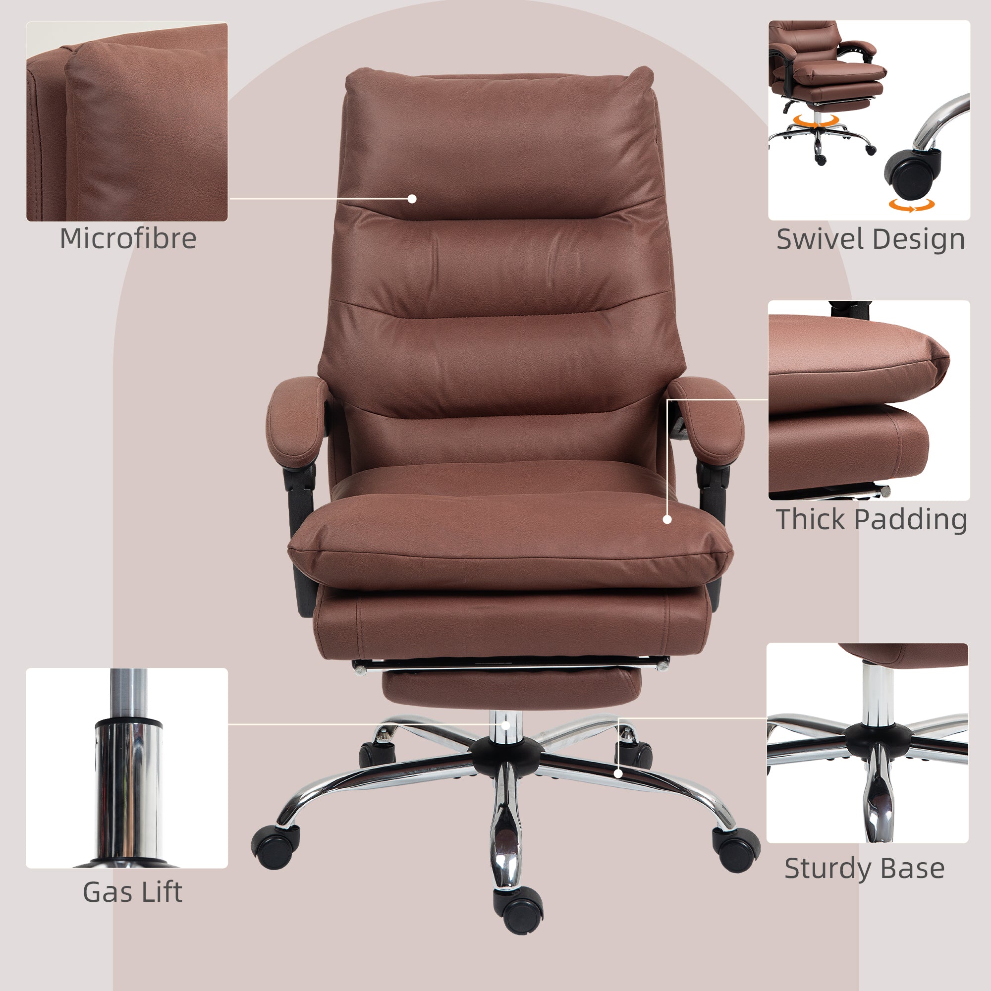 Microfibre Massage Office Chair, Heated Reclining Chair with Footrest, Double-tier Padding, Swivel Wheels, Coffee