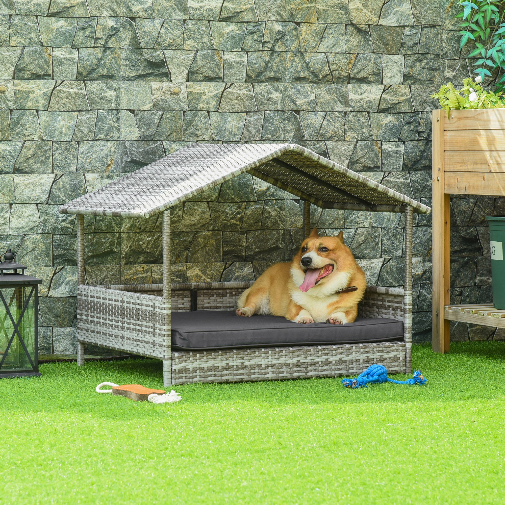 Wicker Dog House Elevated Raised Rattan Bed with Removable Cushion Lounge, Charcoal Gray - Gray - Image 2