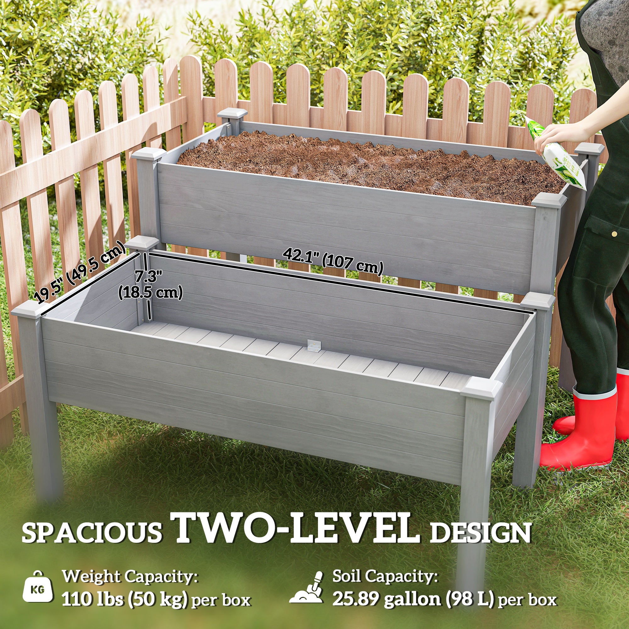 2 Tier Raised Garden Bed, Wooden Elevated Planter Box with Legs, Outdoor Plant Bed for Flowers Vegetables Herbs Gray - Gray - Image 4