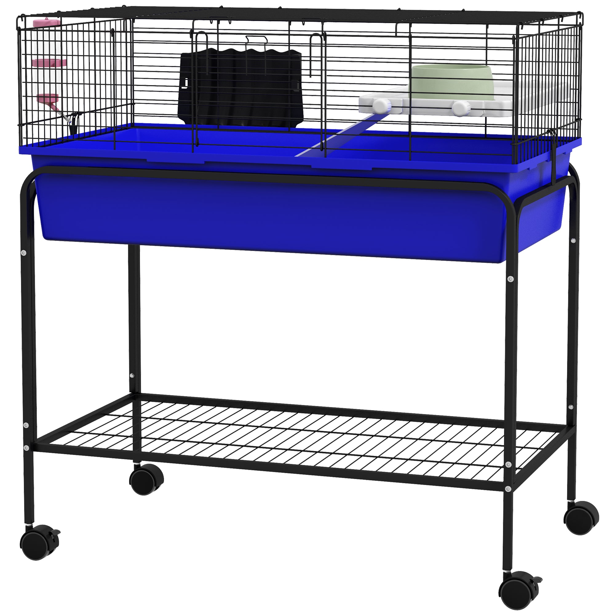 Two-Story Small Animal Cage Removable from Stand, Pet Habitat with Shelf & Wheels, 33" x 18.5" x 35", Blue - Blue