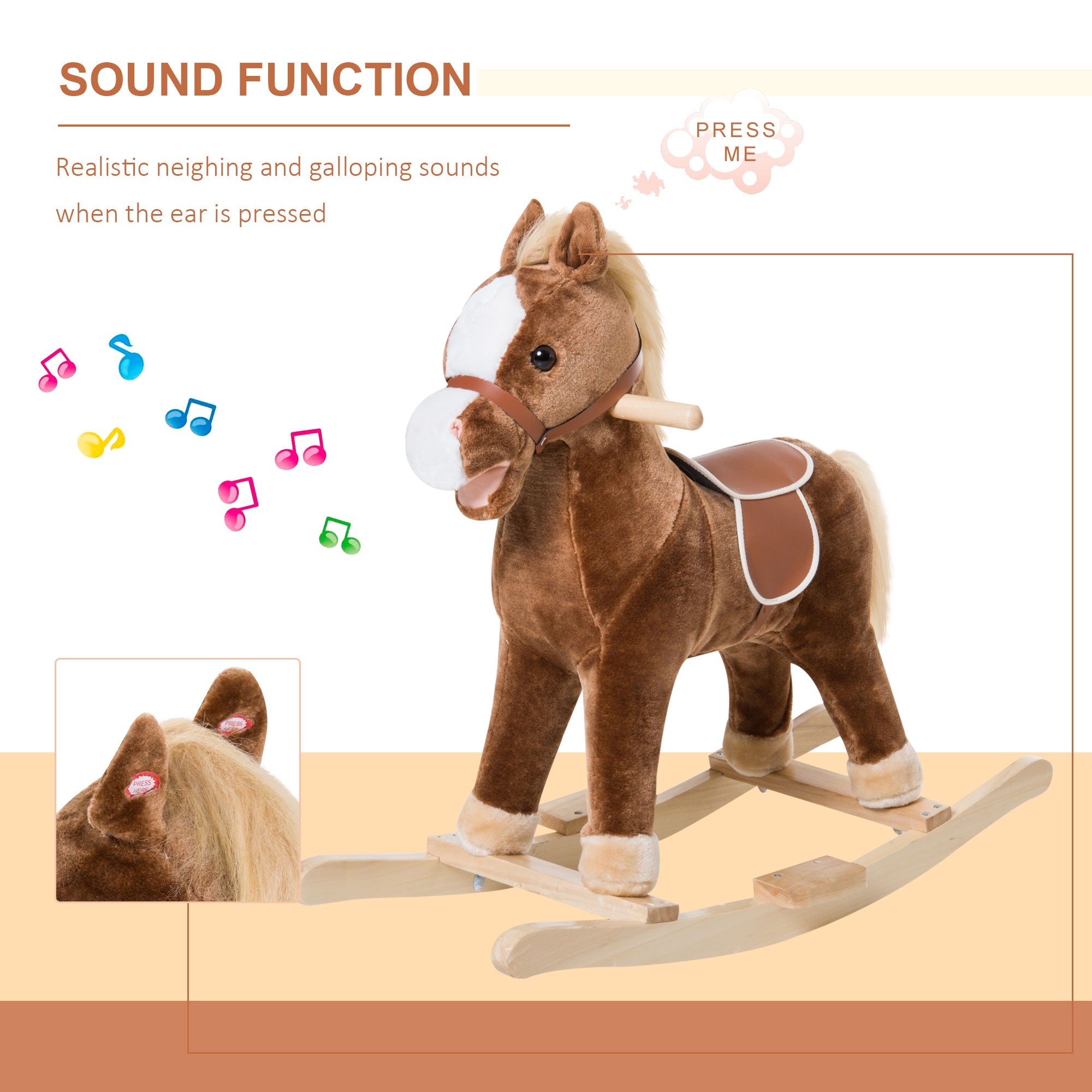 Kids Ride on Rocking Horse Toddler Plush Toy with Realistic Sounds for 3 Years Old Children - Brown