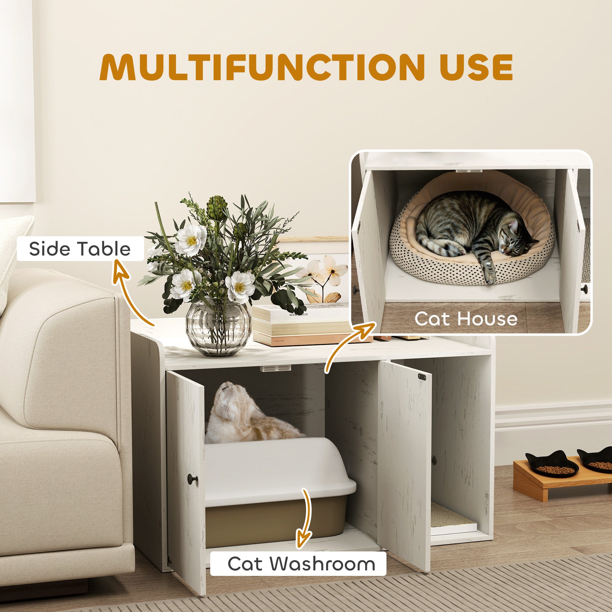 32" Cat Litter Box Enclosure with Scratching Mat, Cat Entrance, Fit Most of Cat and Litter Box, Distressed White - White - Image 4